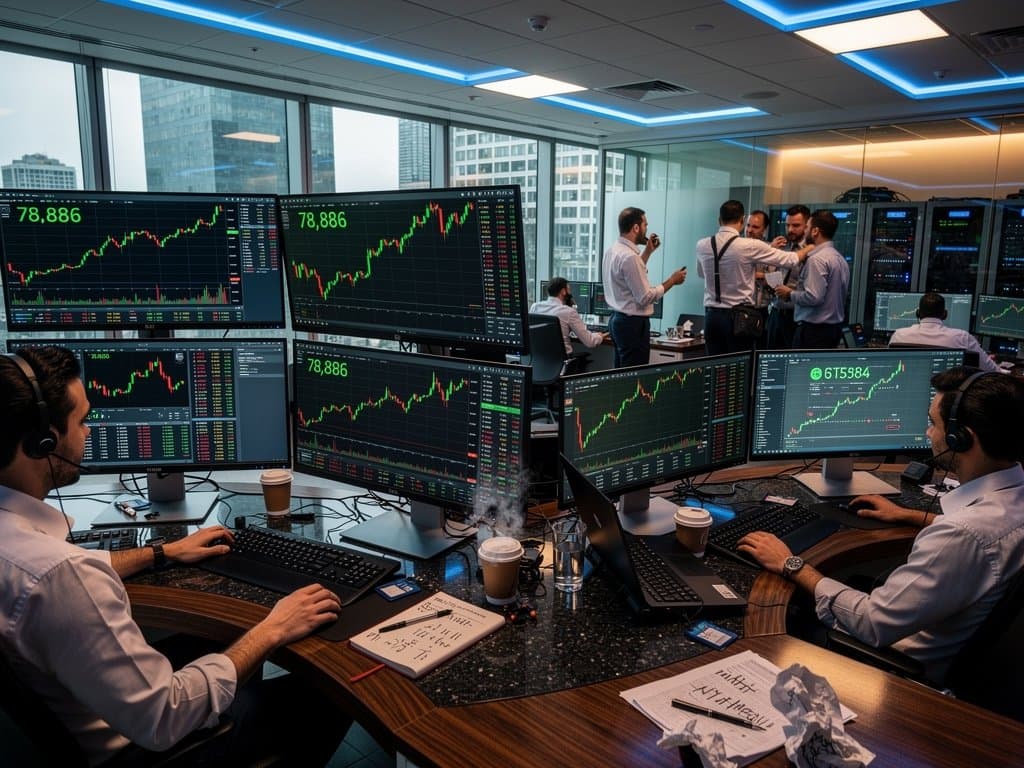 AI-generated trading floor visuals of BTC at $78,886 on multi-monitors amid crypto market tension (78 chars)