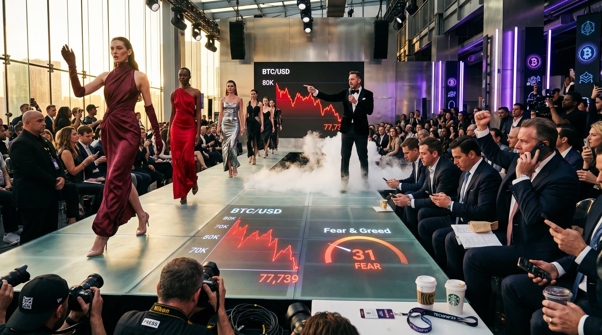AI-generated fashion catwalk with synthetic models, rim lighting, glitches, and crypto charts in editorial style