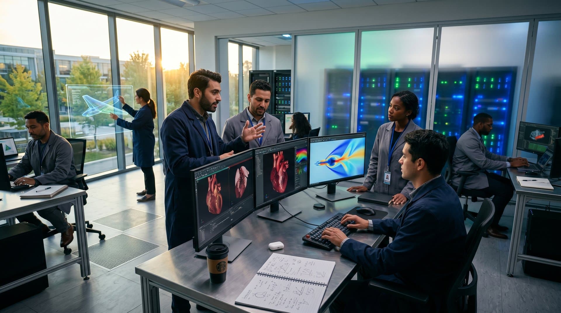 AI-generated medtech scans and aerospace renders on monitors in sleek lab with servers and daylight