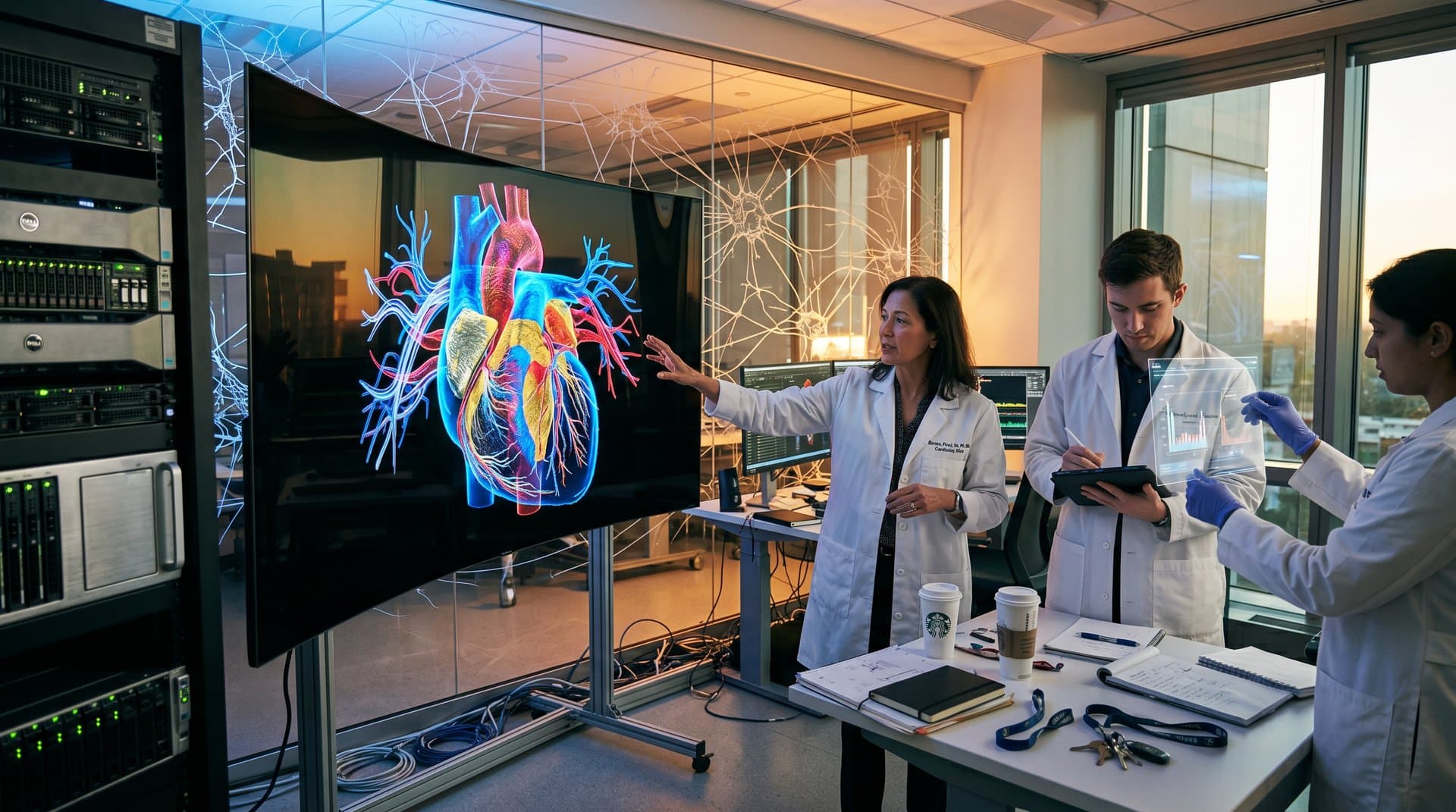 Vibrant 3D AI heart scan with neural heatmaps on curved monitor in sleek tech lab