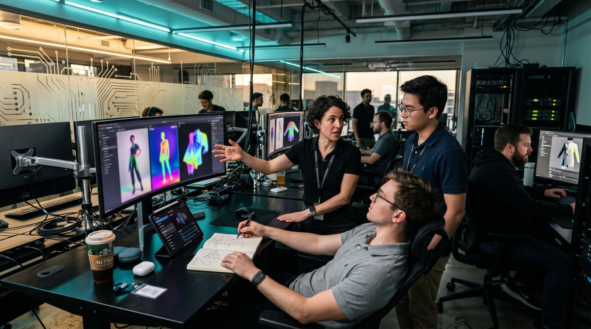 AI-generated fashion images rendering on glowing monitors in a modern tech lab under precise LED lighting