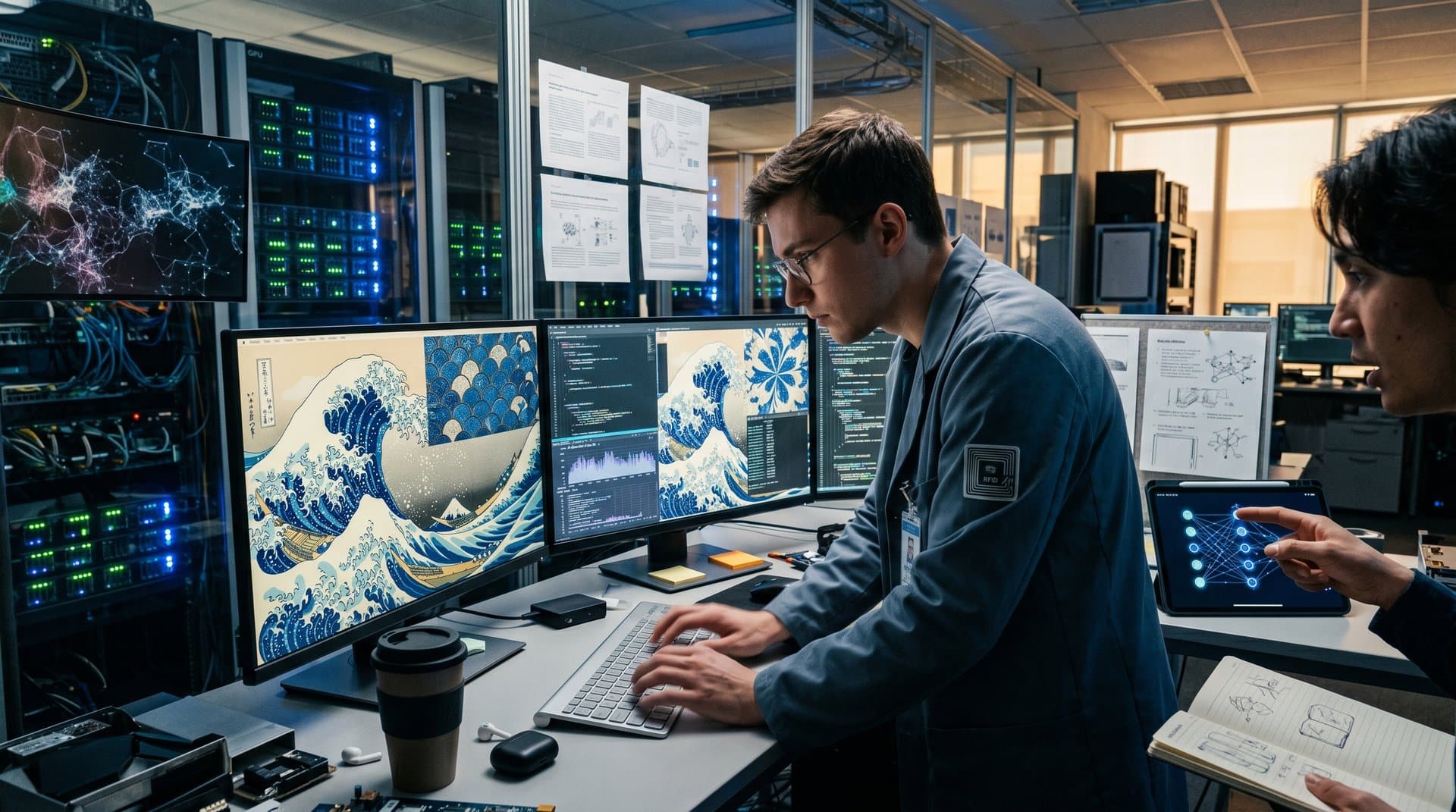 Hokusai-inspired AI tessellations on multi-monitor setup in tech lab with glowing servers