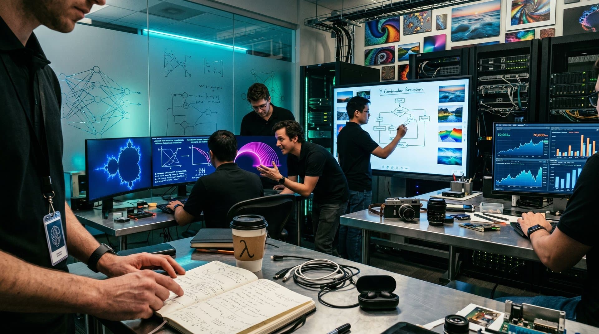 High-tech lab screens animate lambda calculus benchmarks as fractal abstractions, surrounded by etched glass and digital whiteboards with art equations