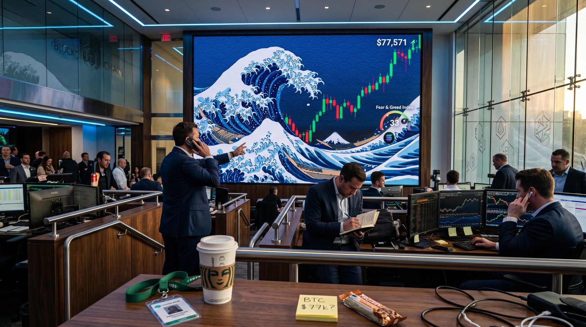 Hokusai-inspired tessellated waves overlaid on Bitcoin charts in ukiyo-e style with crypto data patterns