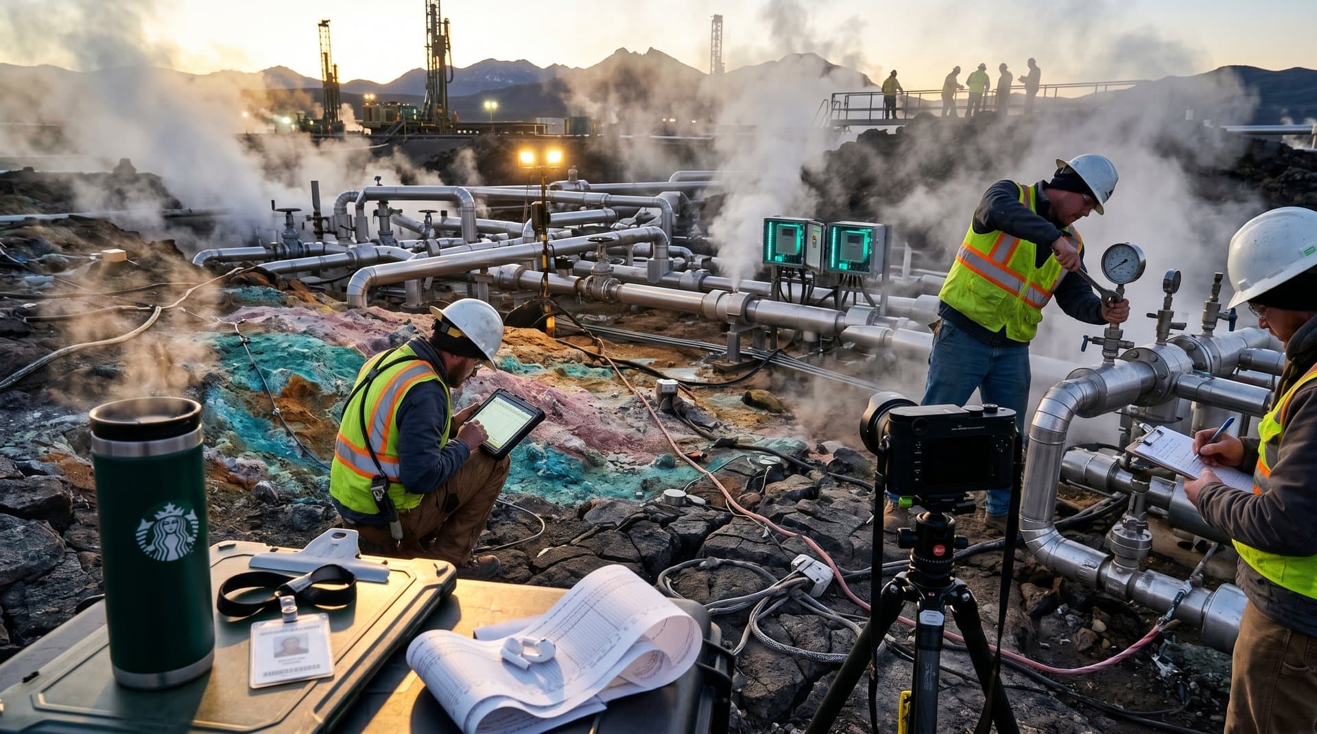 Surreal dawn photograph of Nevada geothermal field with steaming vents, mineral colors, and distant rigs in chiaroscuro light