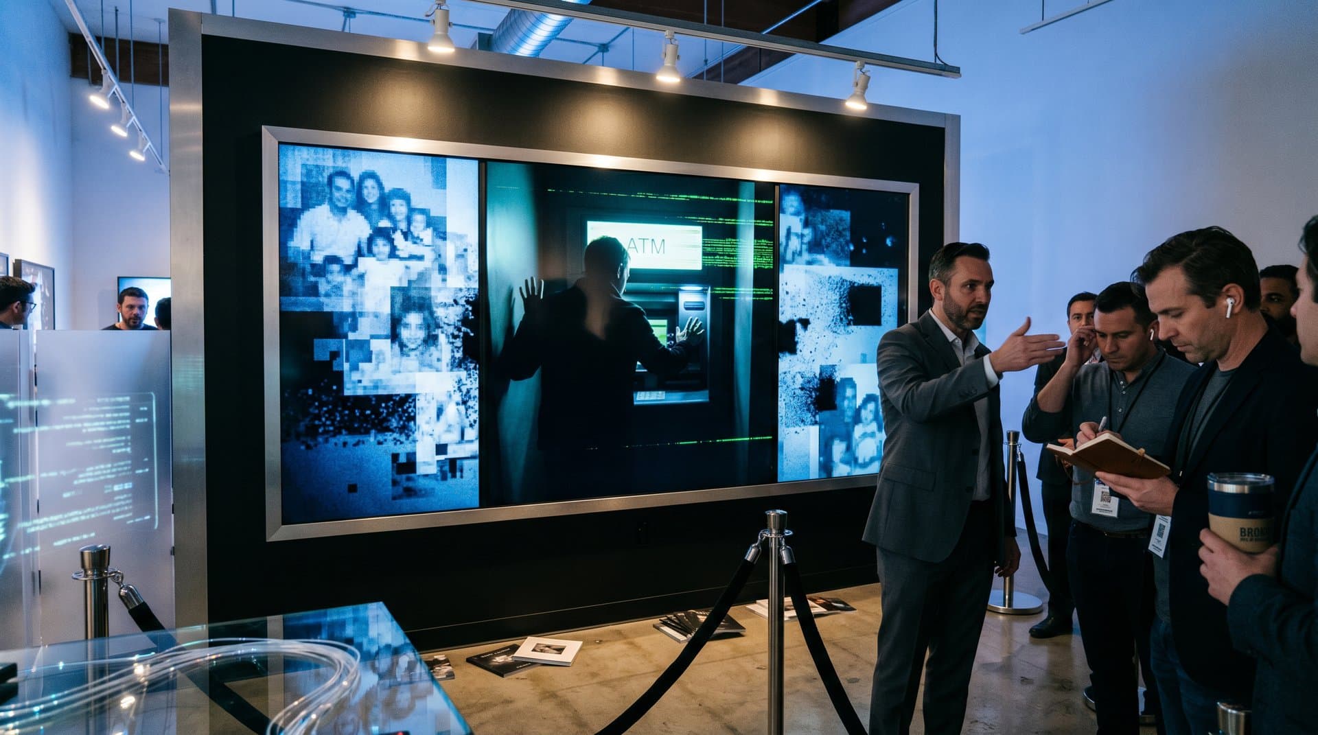 Backlit archival print of ATM screen reflection with glitch artifacts in Digital Void gallery installation