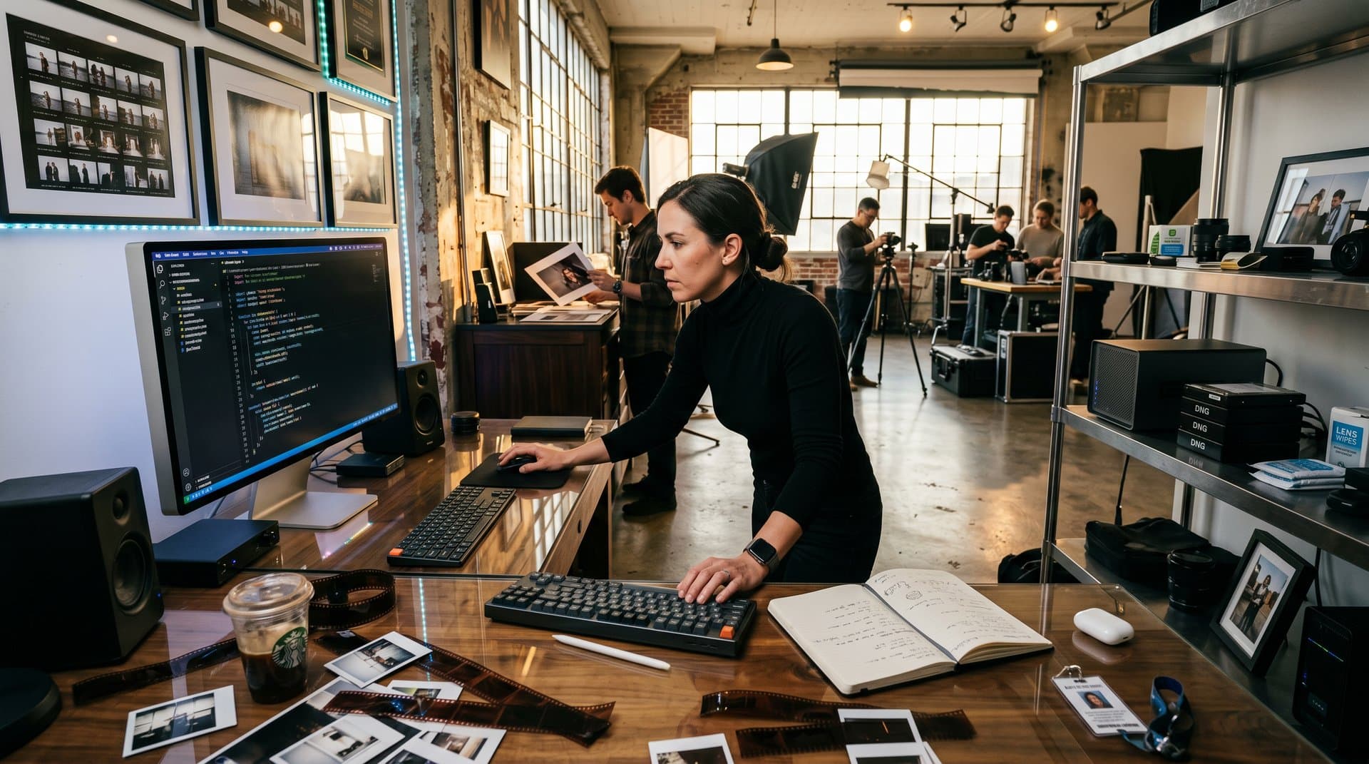 Photographer's studio with VS Code and AI-generated interactive photo code on monitor amid film strips and sketches