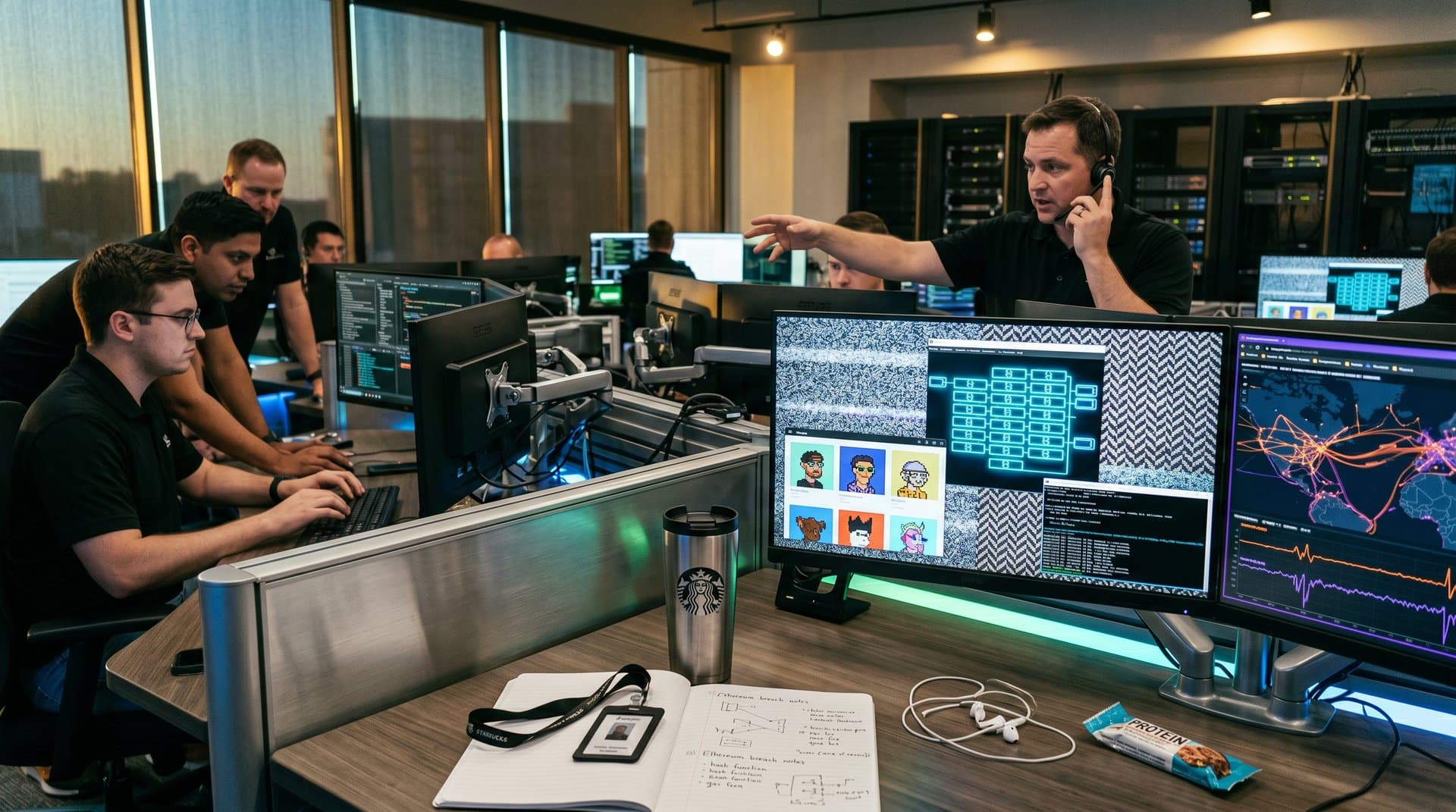 Scrambled 1980s TV static with blockchain overlays and NFT art securing visual media