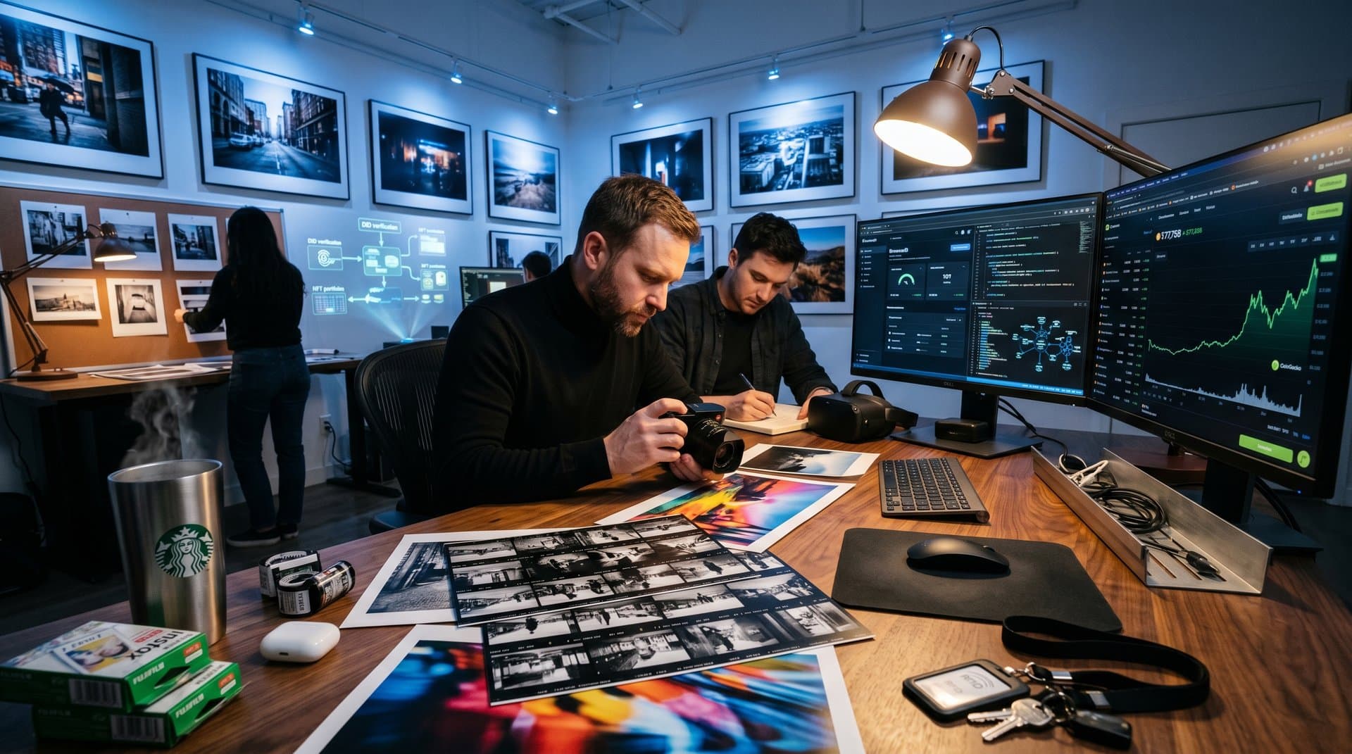 Photography studio desk with BrowserID screens, Leica camera, and web3 crypto charts amid gallery backdrop