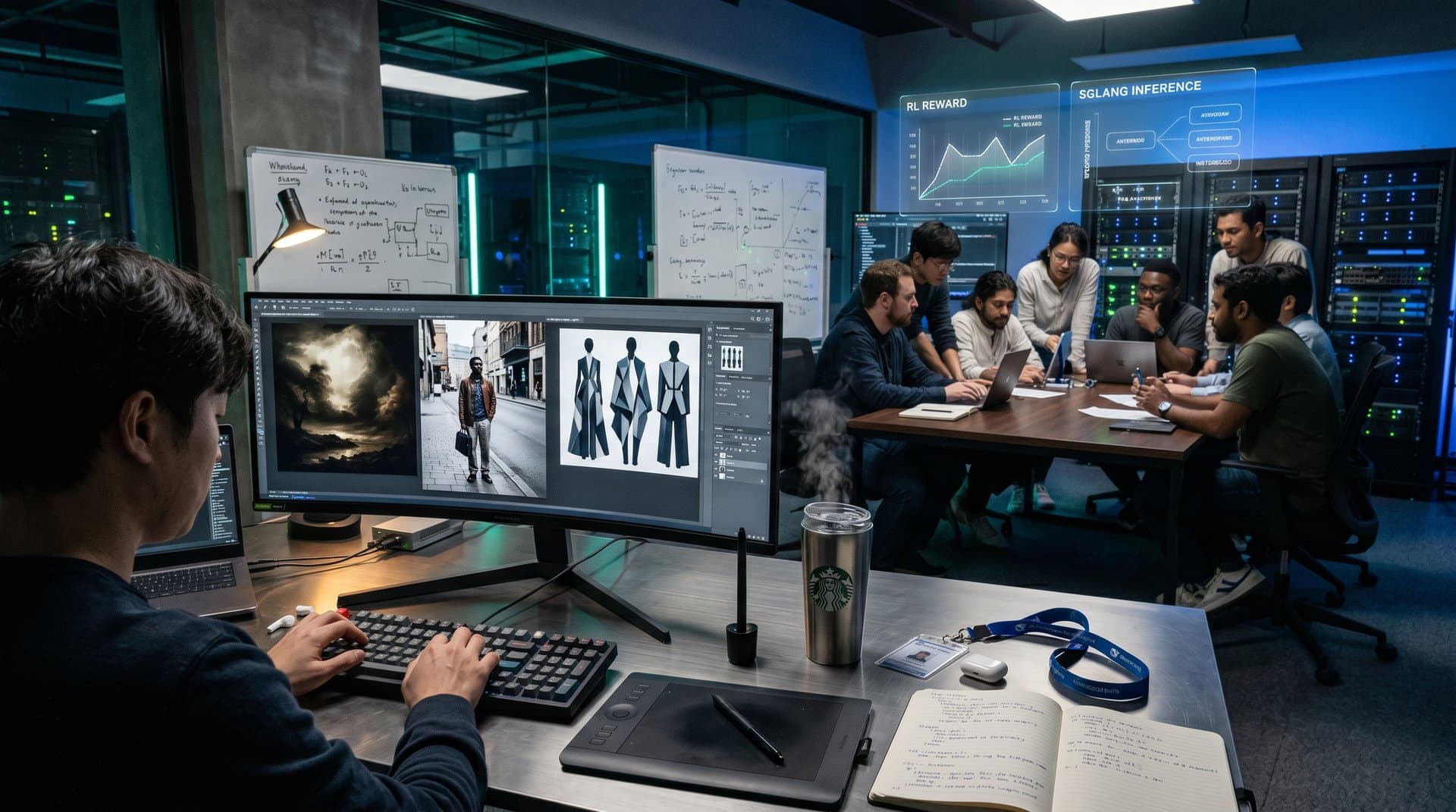 DeepSeek AI lab screens display chiaroscuro AI artworks, GPU rigs, inference graphs amid modern tech workspace