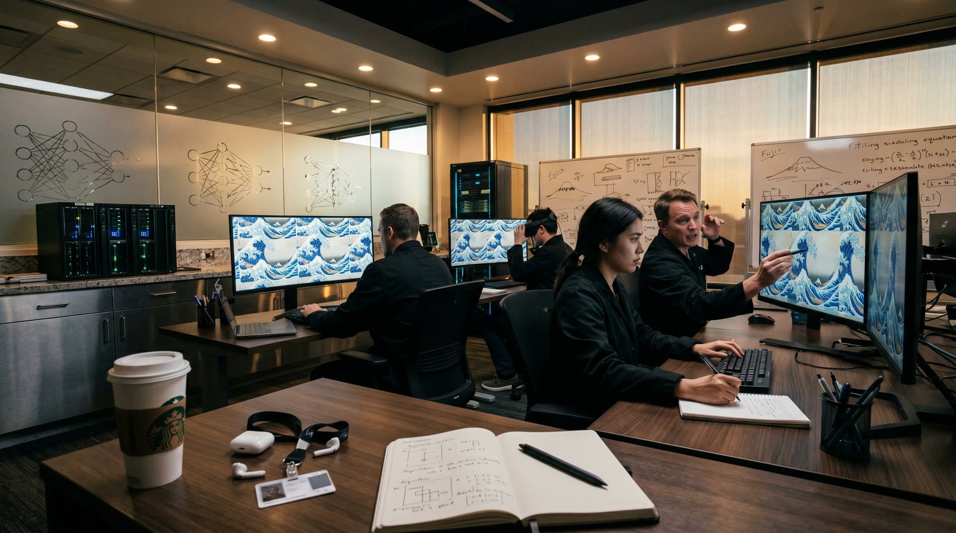 Monitors in modern lab display seamless Hokusai tessellated waves, notebooks and VR gear on desks under diffused light