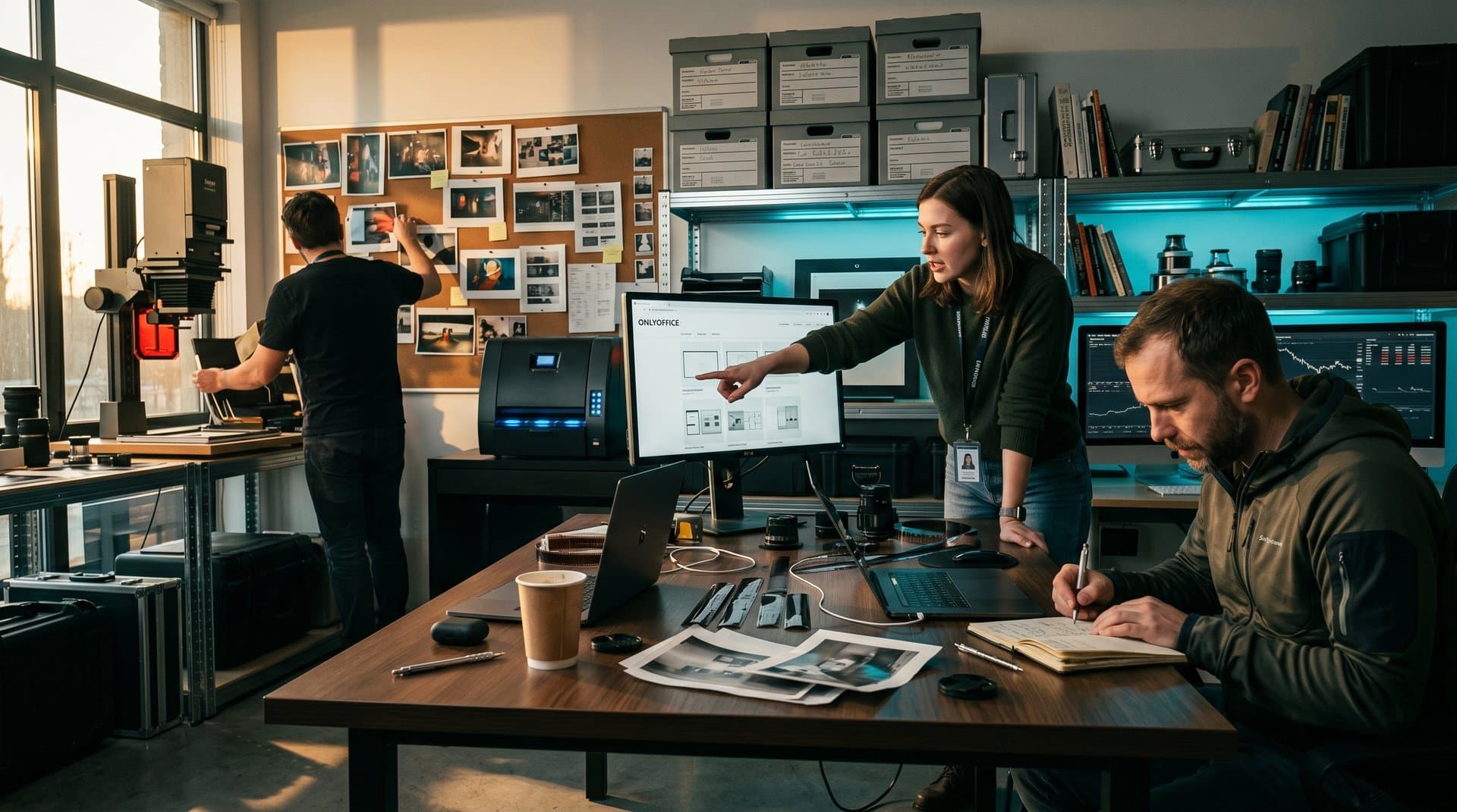 Photographers collaborate on clean OnlyOffice docs with crypto charts in modern studio (68 chars)