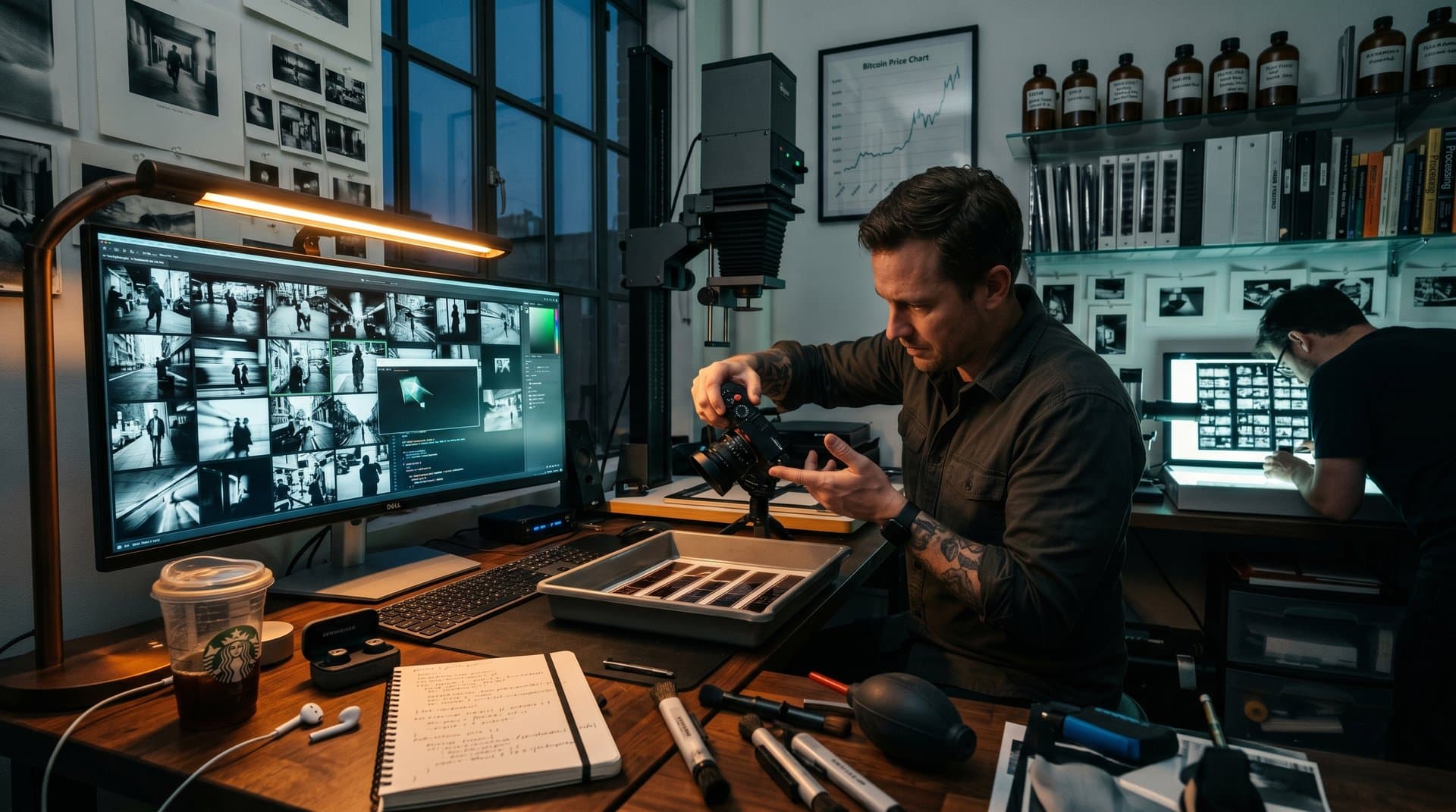 Artist studio with AI-coded interactive photo mosaic on screen amid darkroom tools and BTC chart