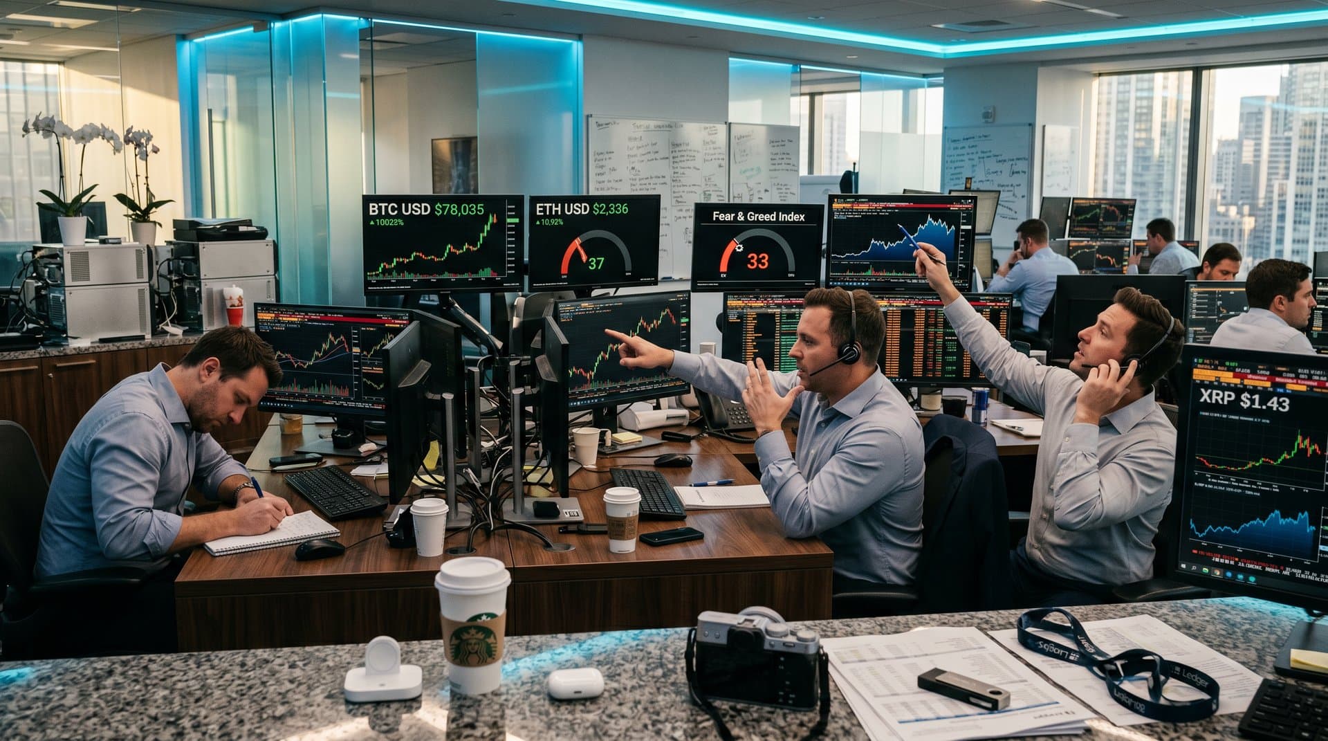 Trading desks with Bloomberg screens showing BTC $78k, Fear 33, luminous light rays and Fujifilm camera amid financial charts