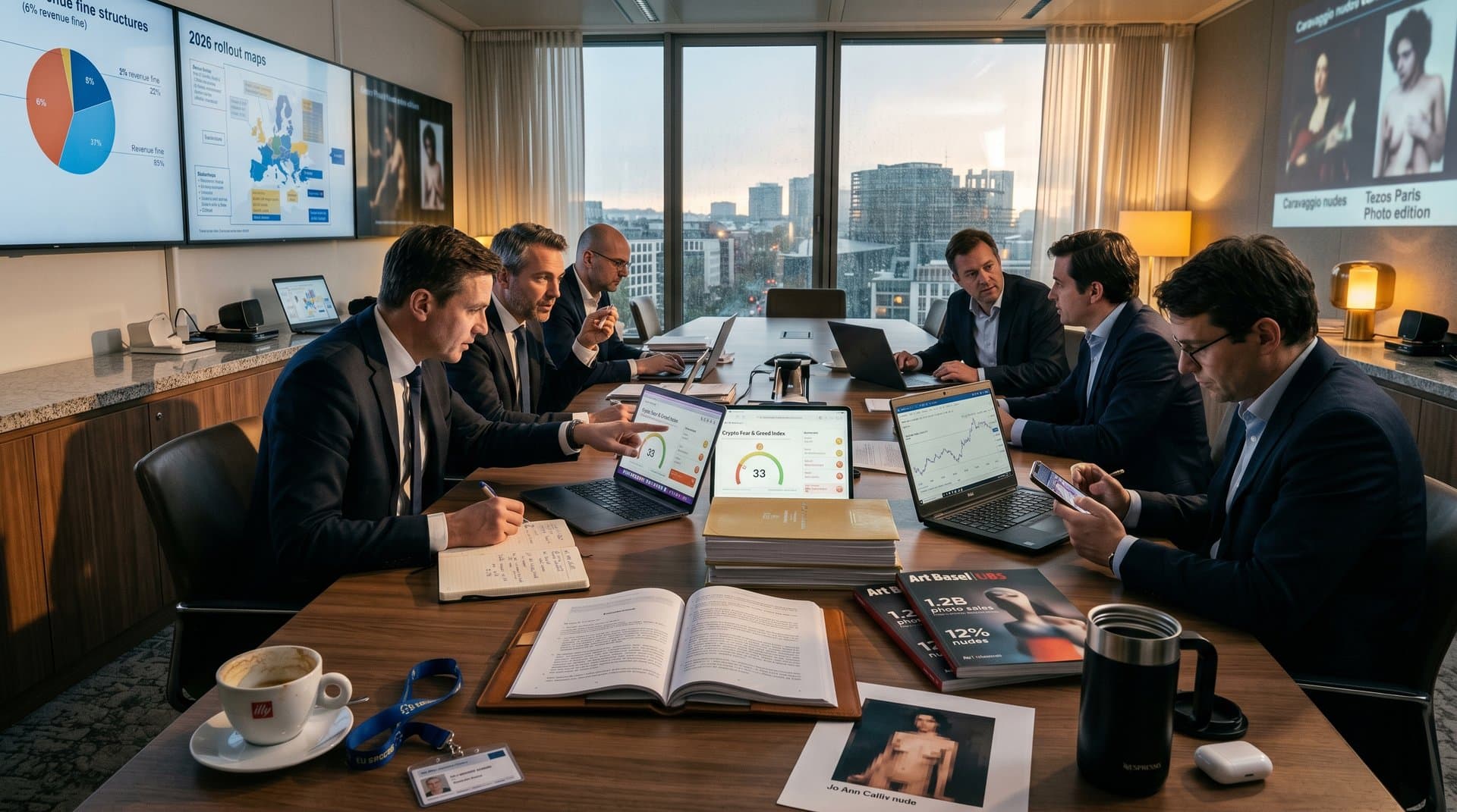EU boardroom with digital ID screens, DSA charts, and blurred nude art under regulatory documents.