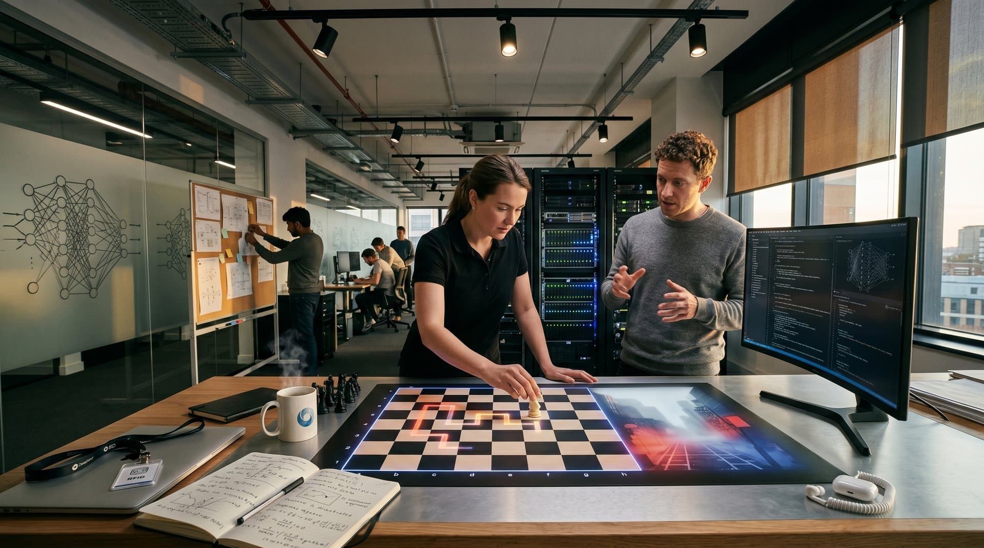 Chessboard with knight paths transforming into generative urban photography in tech lab setting