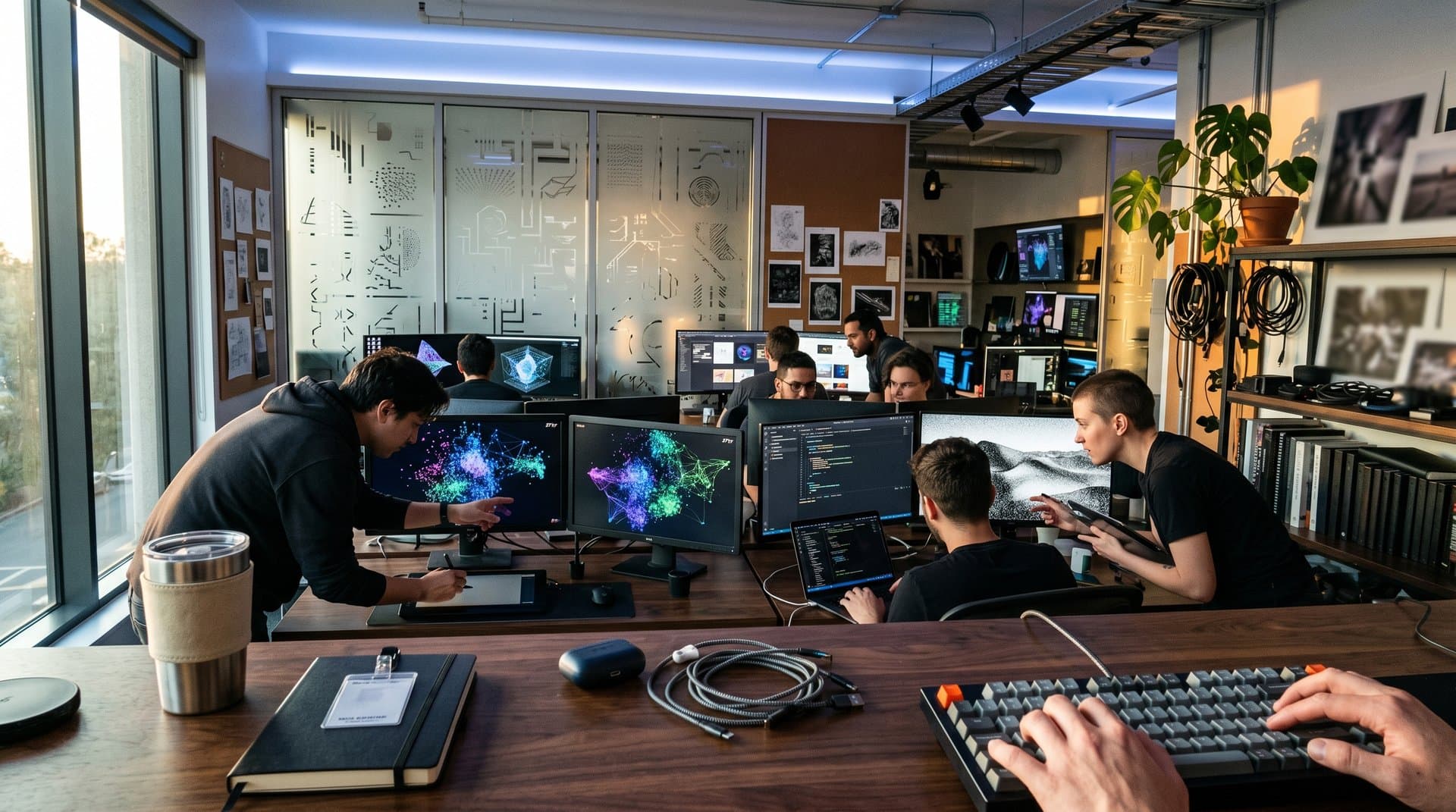 Visual artists in modern studio with screens showing interactive p5.js code, particle systems, and generative photography