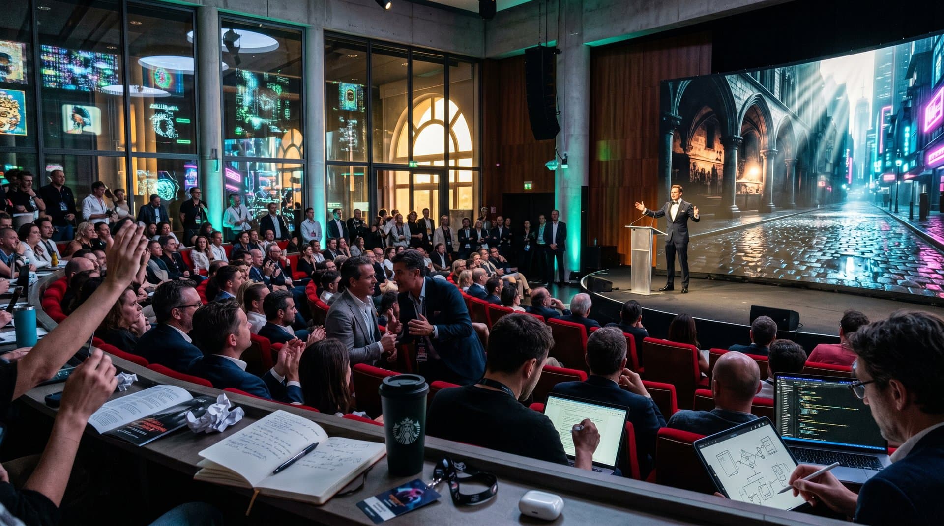 Cannes AI Film Festival auditorium screen displays surreal AI cityscape with chiaroscuro lighting amid blockchain visuals