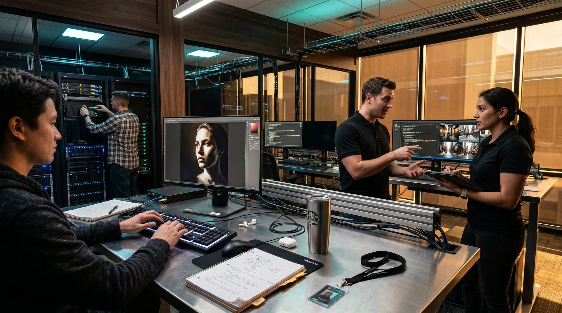 AI lab with code and photography models on multi-monitors under layered lights