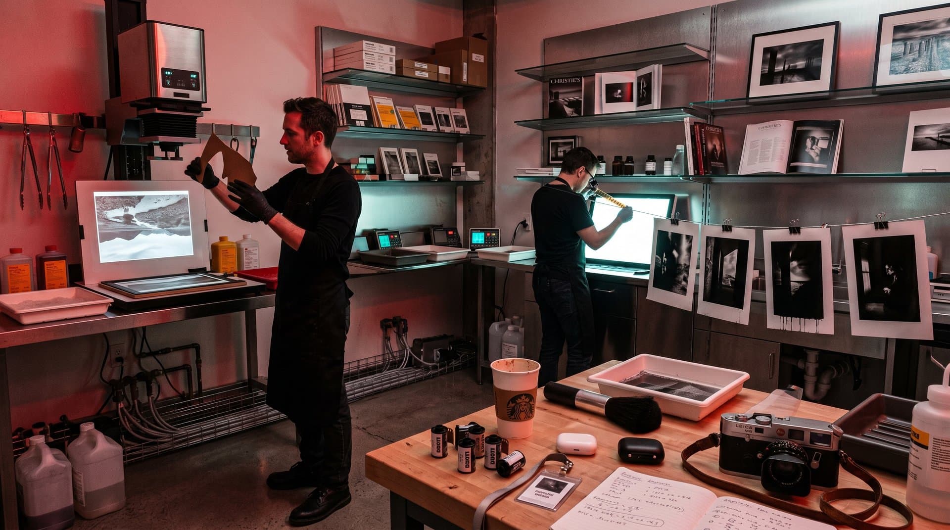 Darkroom gallery with enlargers, developing trays, and analog prints under red safelights amid film canisters and auction catalogs