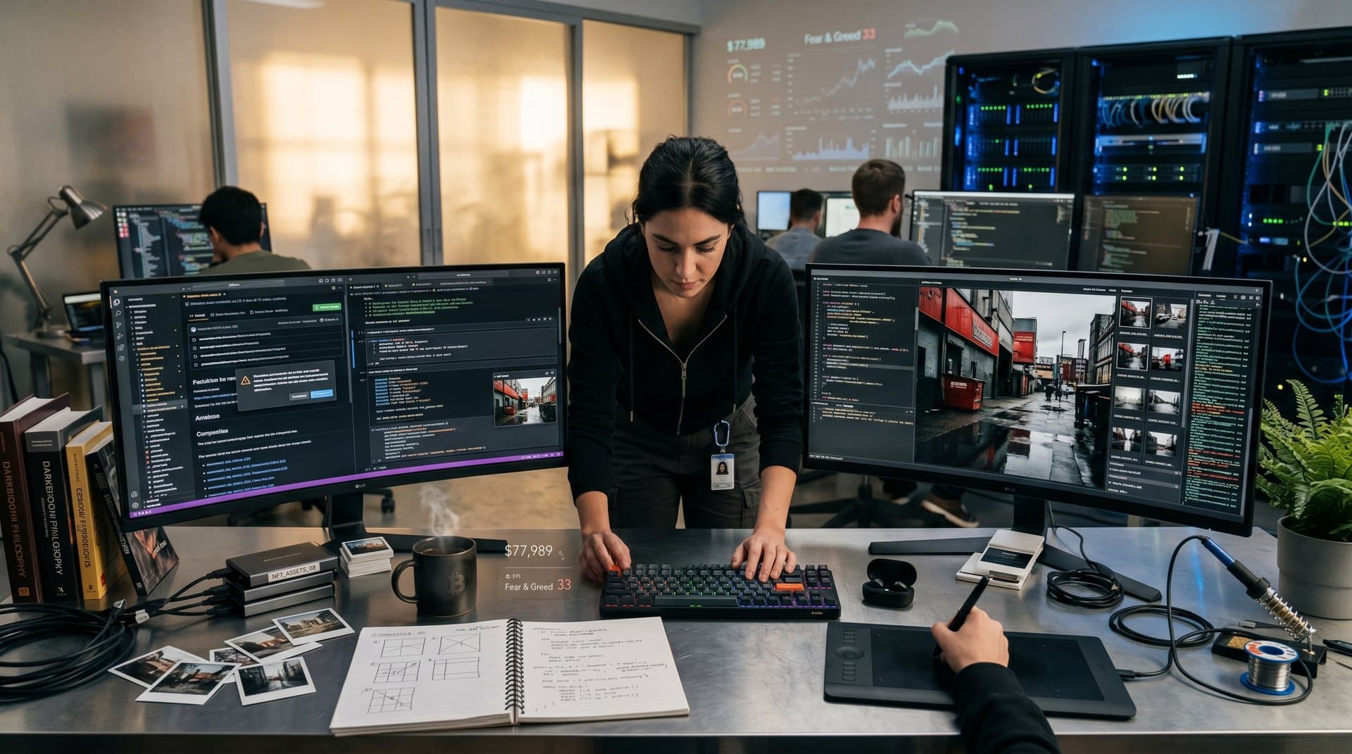 Monitors display Python code and photography previews in tech workspace with keyboards, mugs, and lab lighting