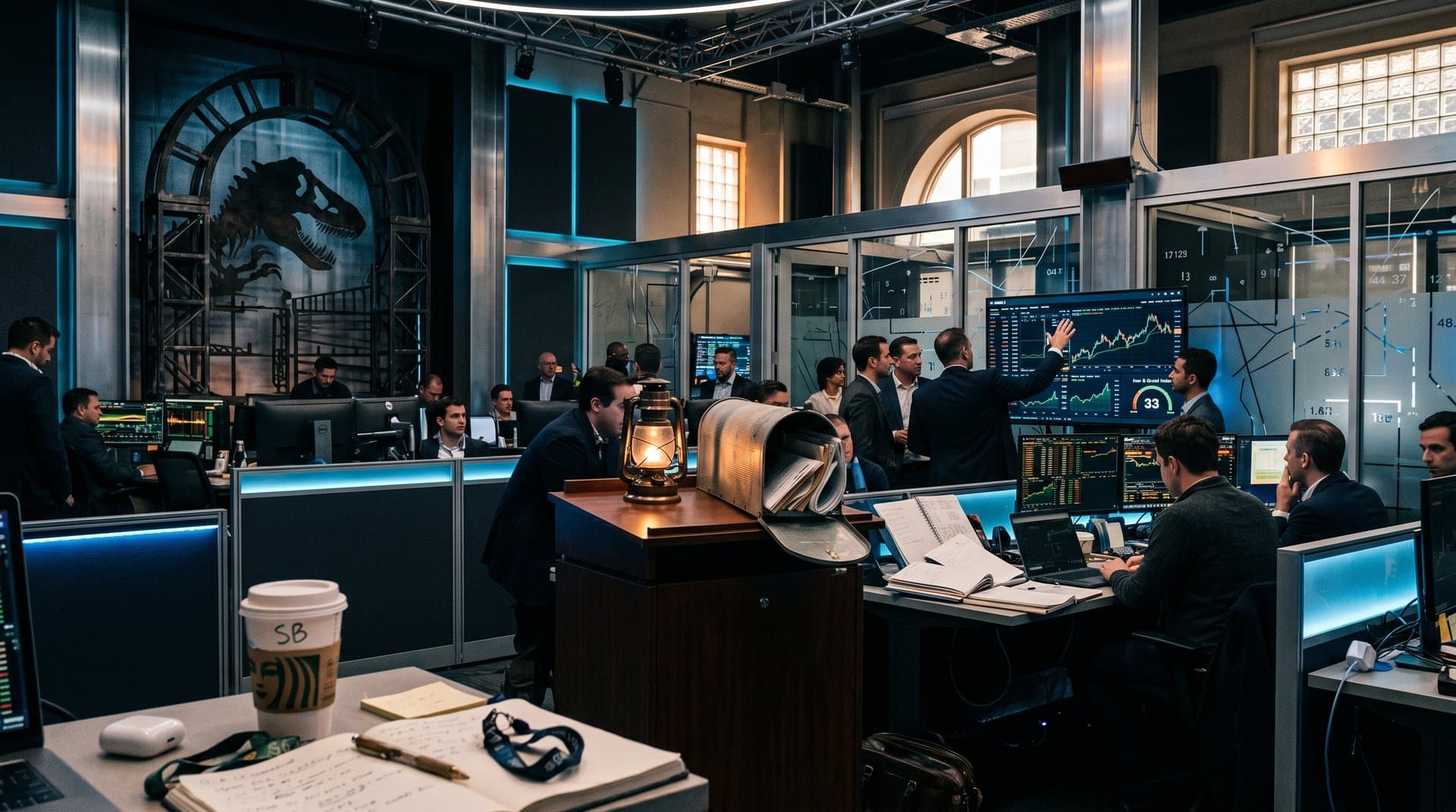 Zork 1-inspired gelatin silver print tableau with grue shadows and BTC $78K crypto charts