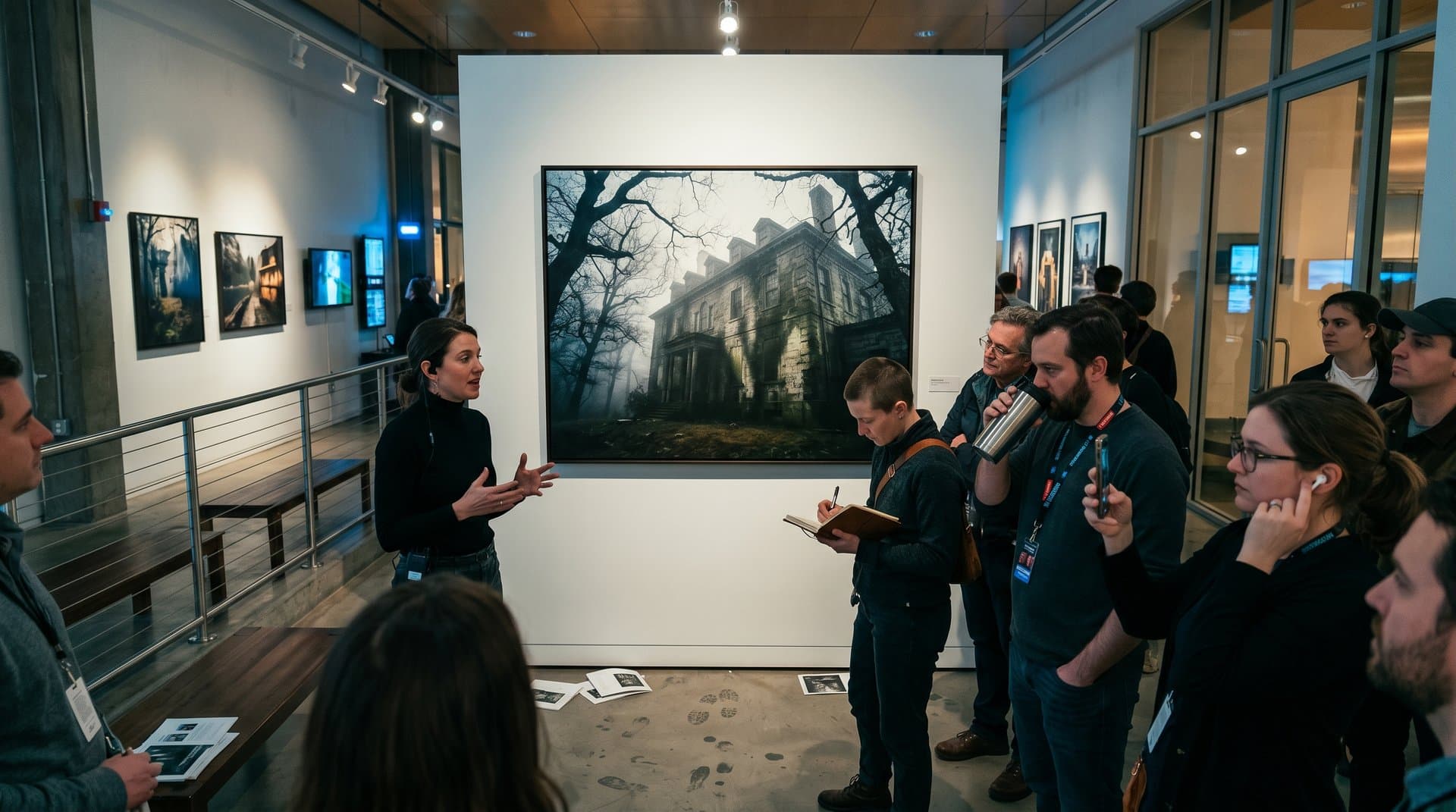 Archival pigment print of Zork 1 white house in foggy woods on gallery wall, chiaroscuro lighting and film grain evoking text adventure maze