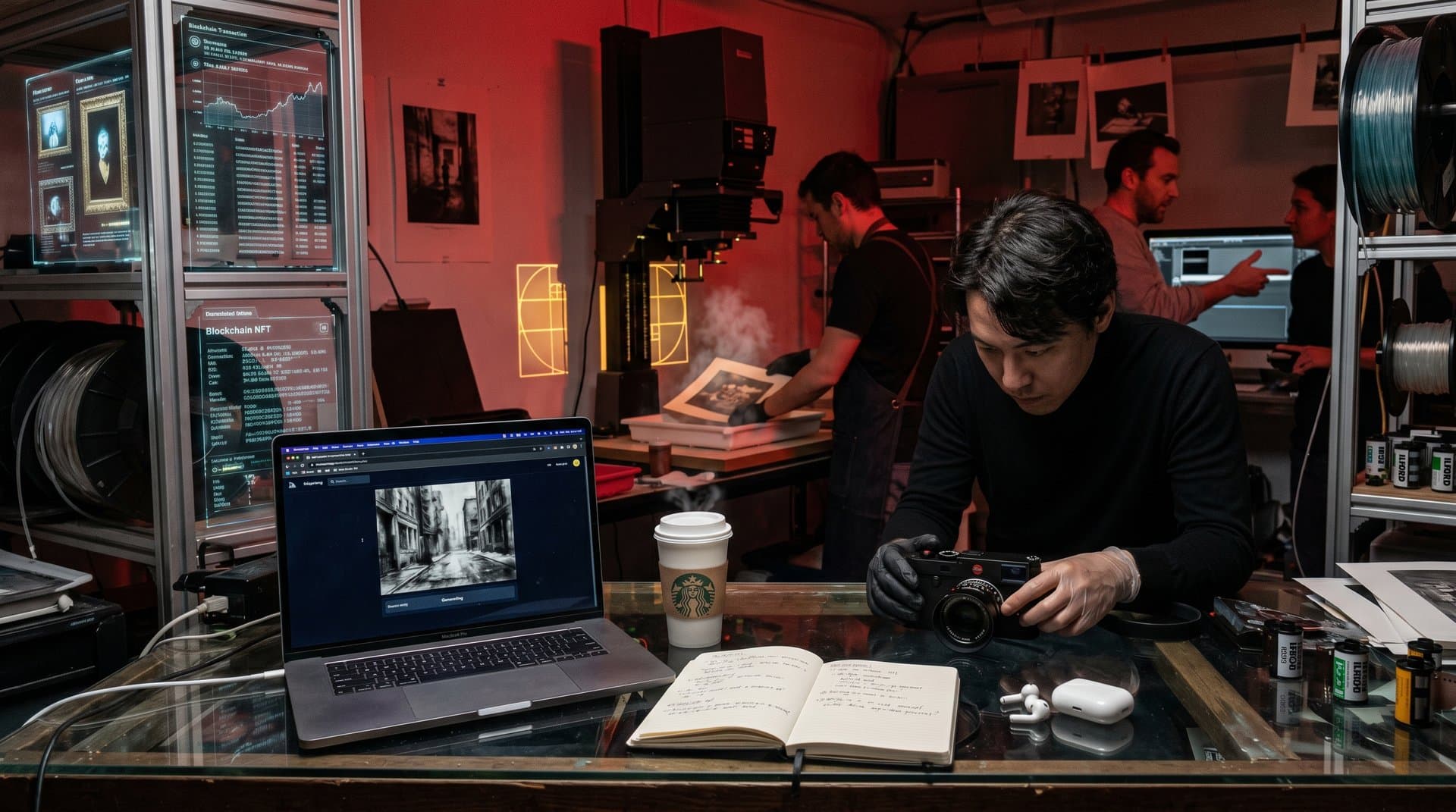 Art studio blending vintage camera, AI laptop prompts, and holographic NFT data in chiaroscuro lighting