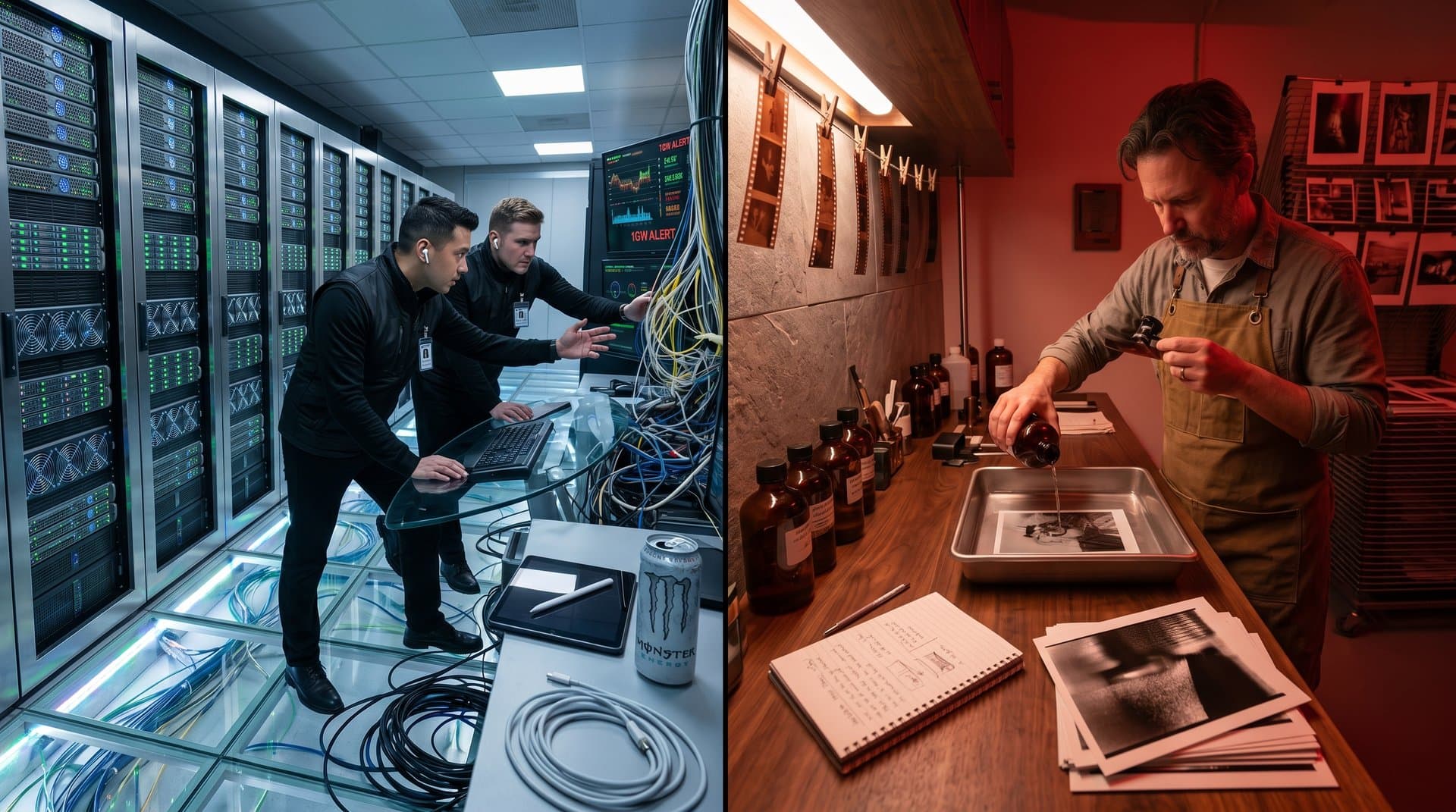 Split scene of AI data center servers versus traditional darkroom printing under red safelight