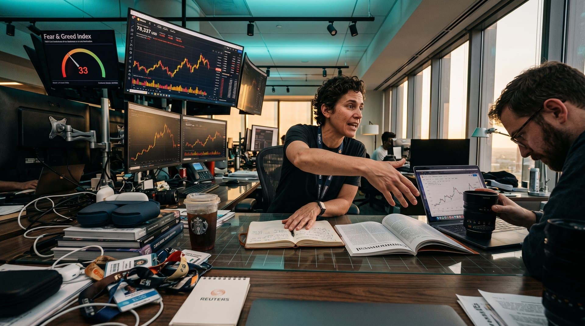 Chiaroscuro-lit Commonweal Magazine page with literary portrait reinterpretation, Leica lens, and subtle BTC chart glow