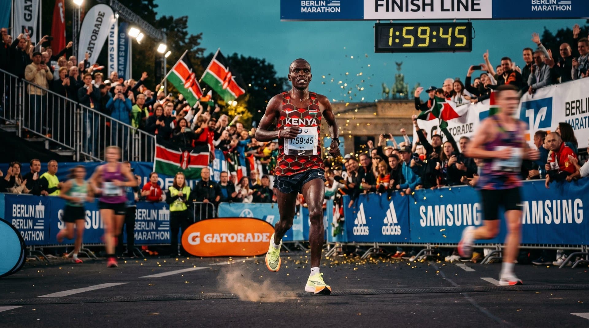 Sawe sub-2-hour marathon panned photo with leg blur and BTC chart on finance screen