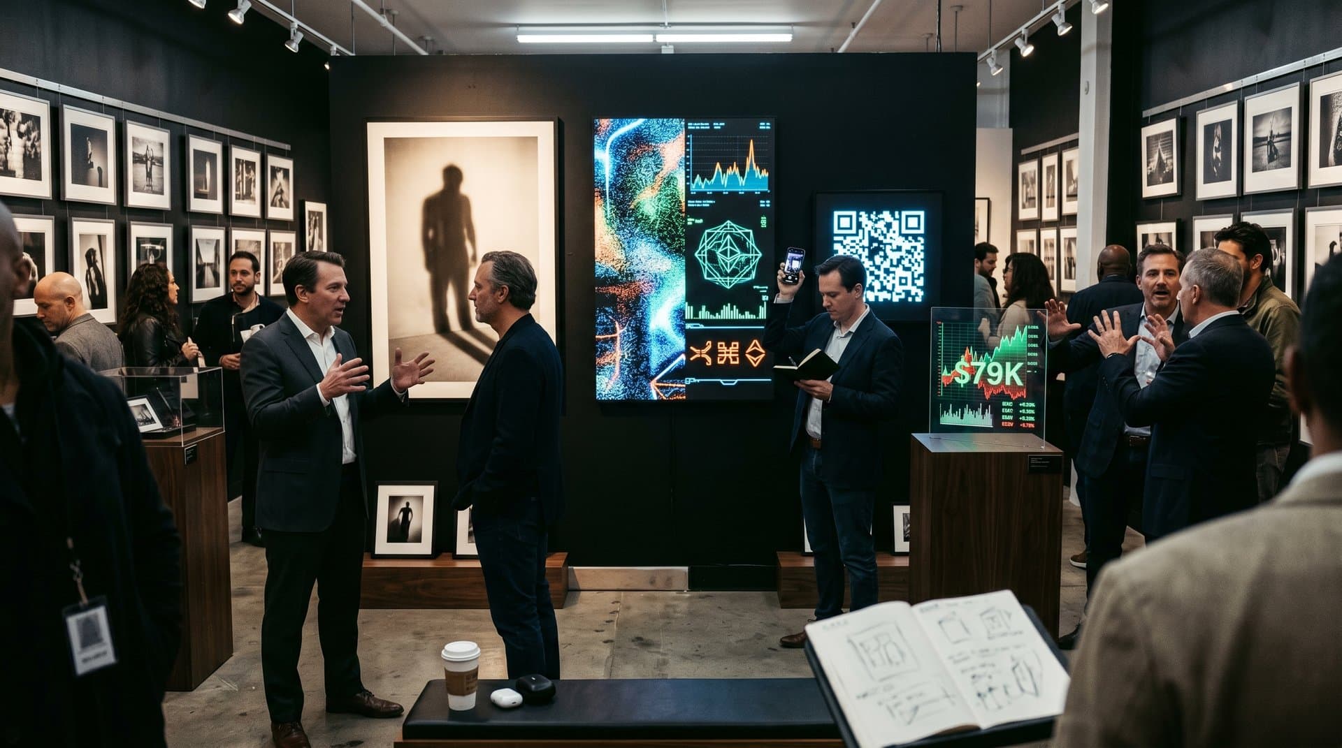 Gallery display of Humanity on the Page photographic reinterpretations blending silver gelatin and digital NFT canvas under spotlights