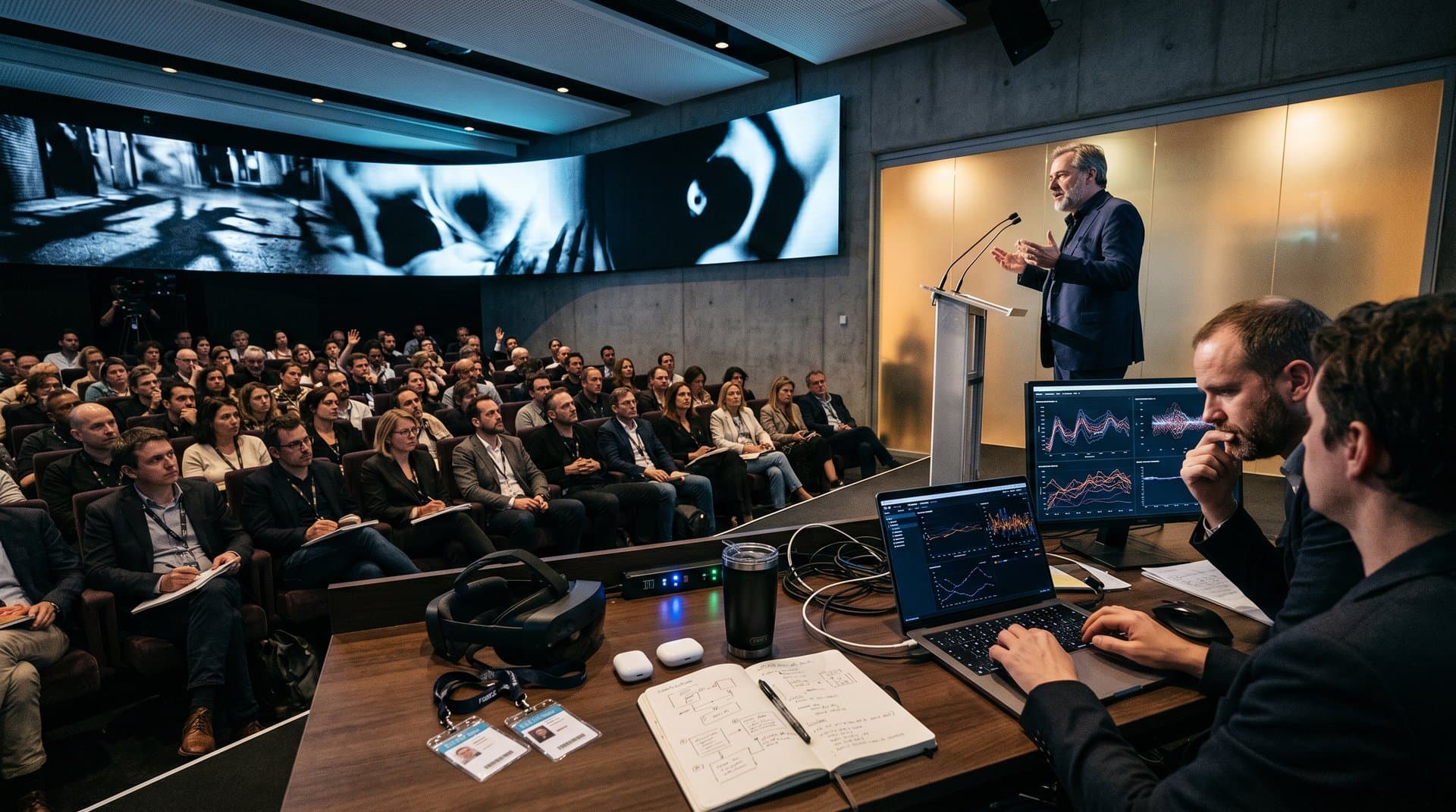 AI film festival auditorium with screens showing chiaroscuro visuals, tech tables, and server racks