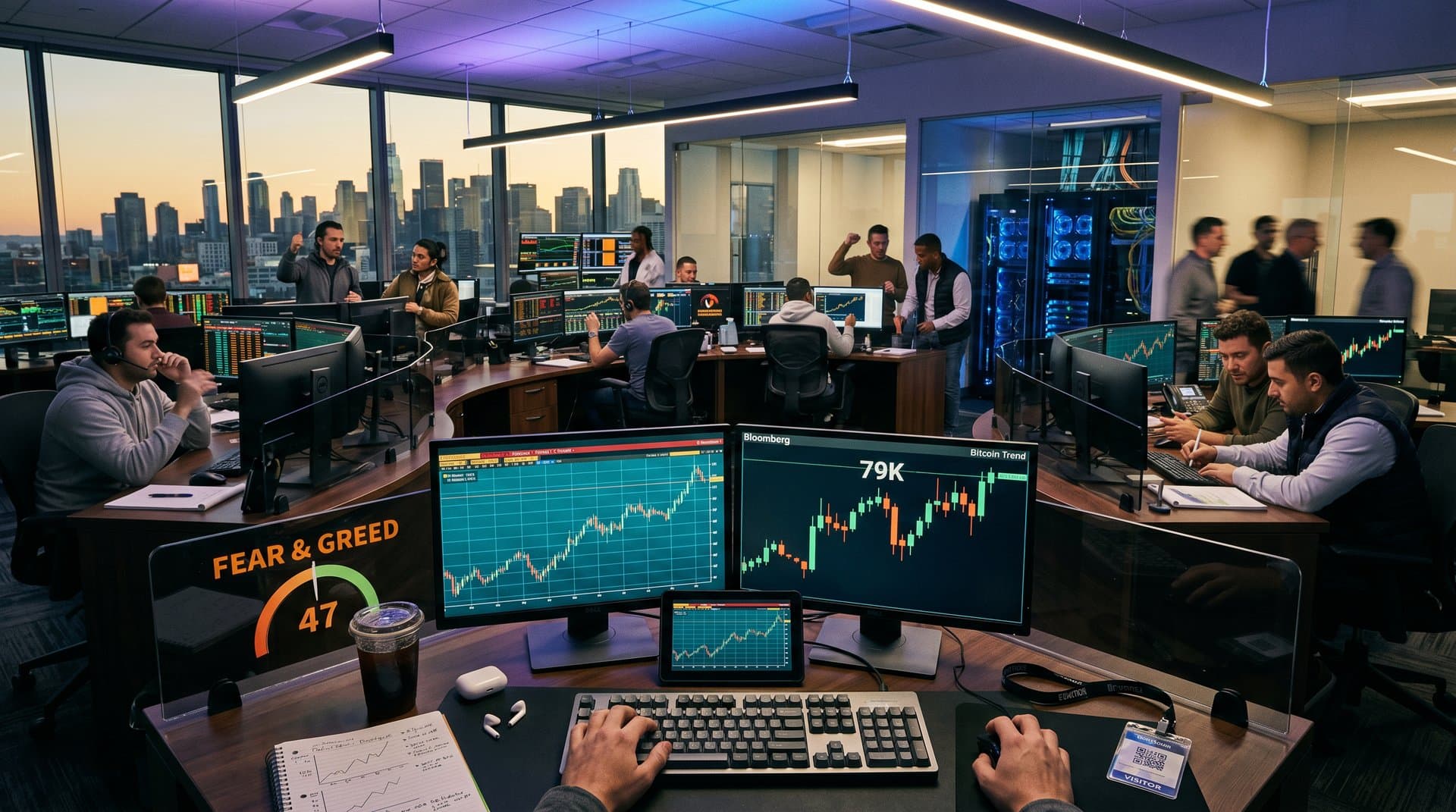 Trading floor monitors BTC $79K rally and Fear & Greed 47 amid Humanity on the Page exhibit