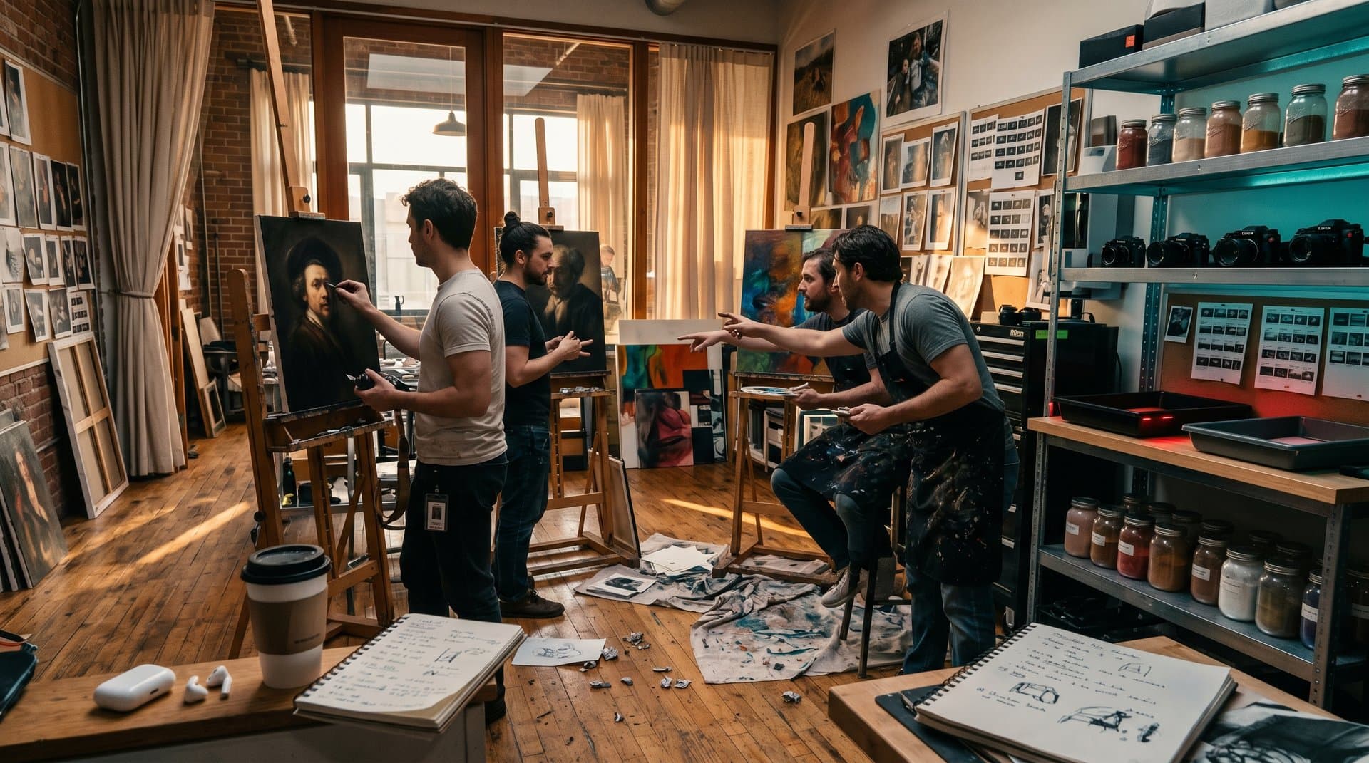 Visual arts classroom with easels, pigments, and film cameras bathed in natural light, highlighting human creativity