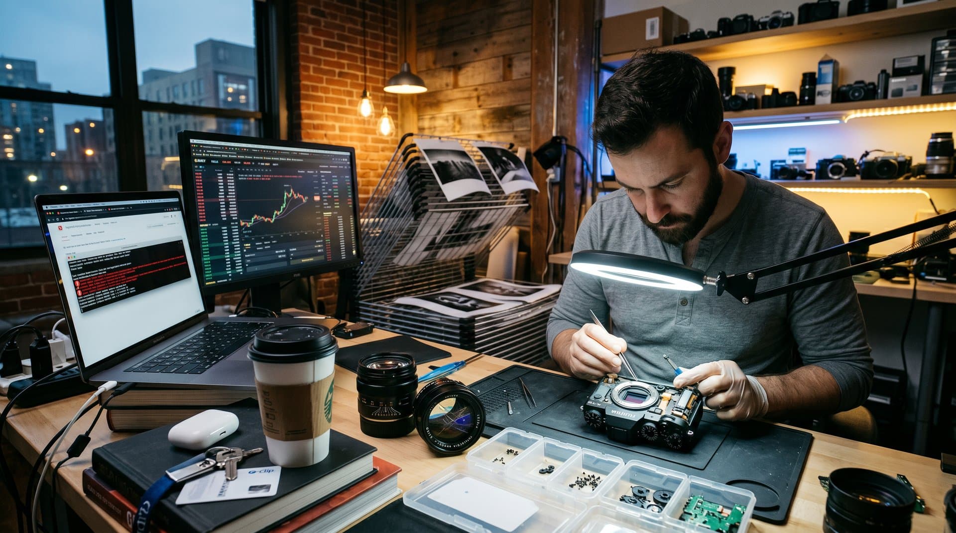 Photographer's studio with disassembled camera gear, AI recall error on screen, crypto charts, detailed professional setup