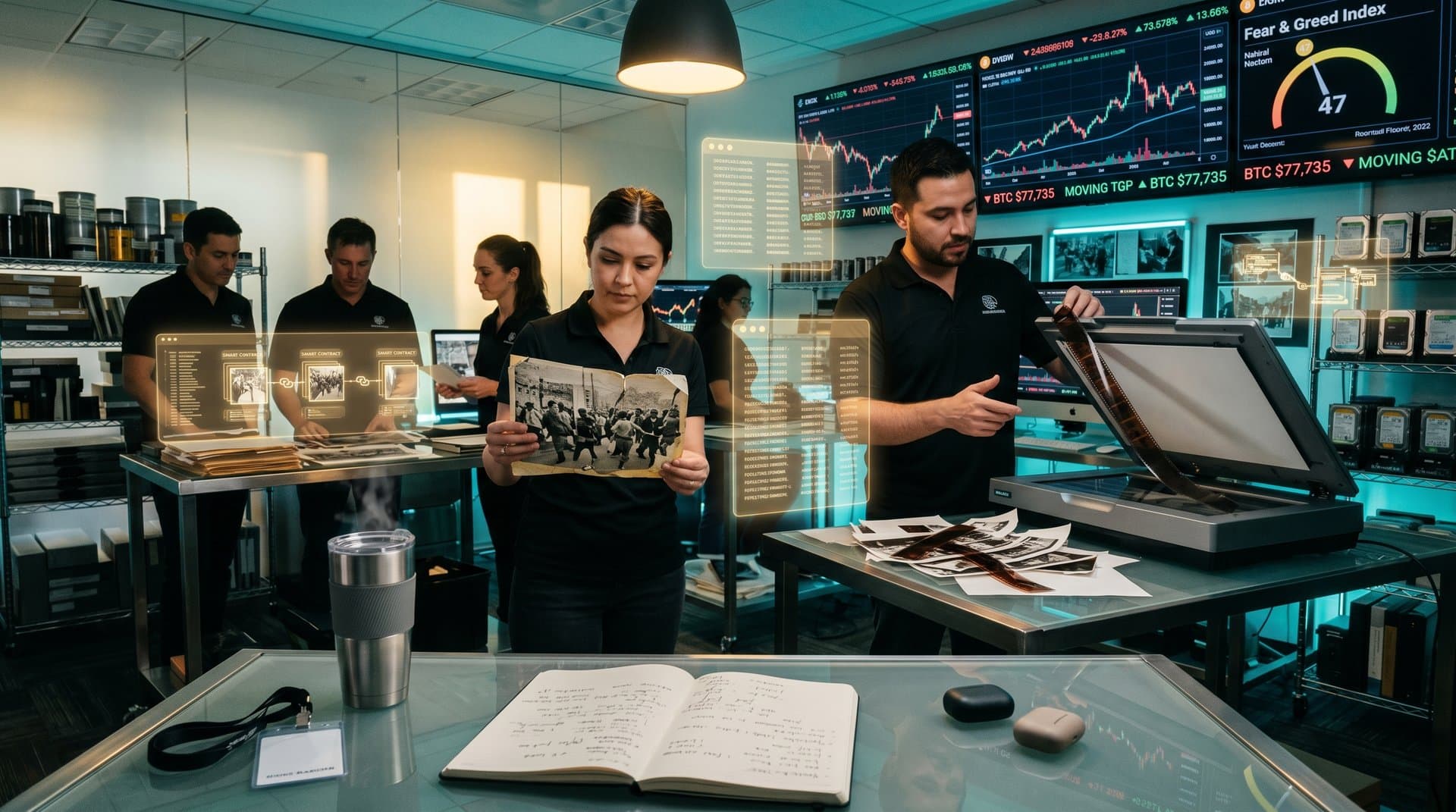 Dissolving photo archives reclaimed by blockchain chains amid BTC price ticker in cyberpunk style