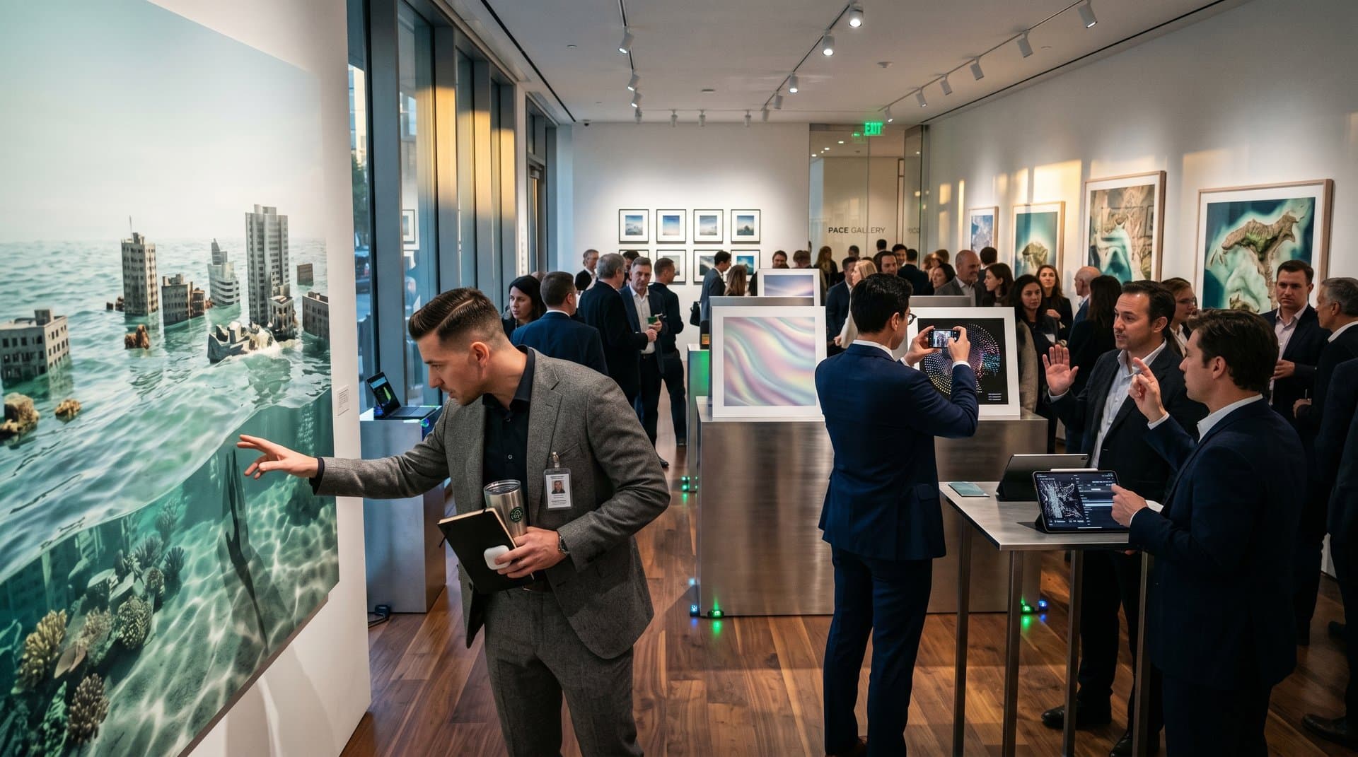 AI climate art exhibition: hyperreal flood prints, ML wind patterns, gallery visitors amid Pace Gallery setup