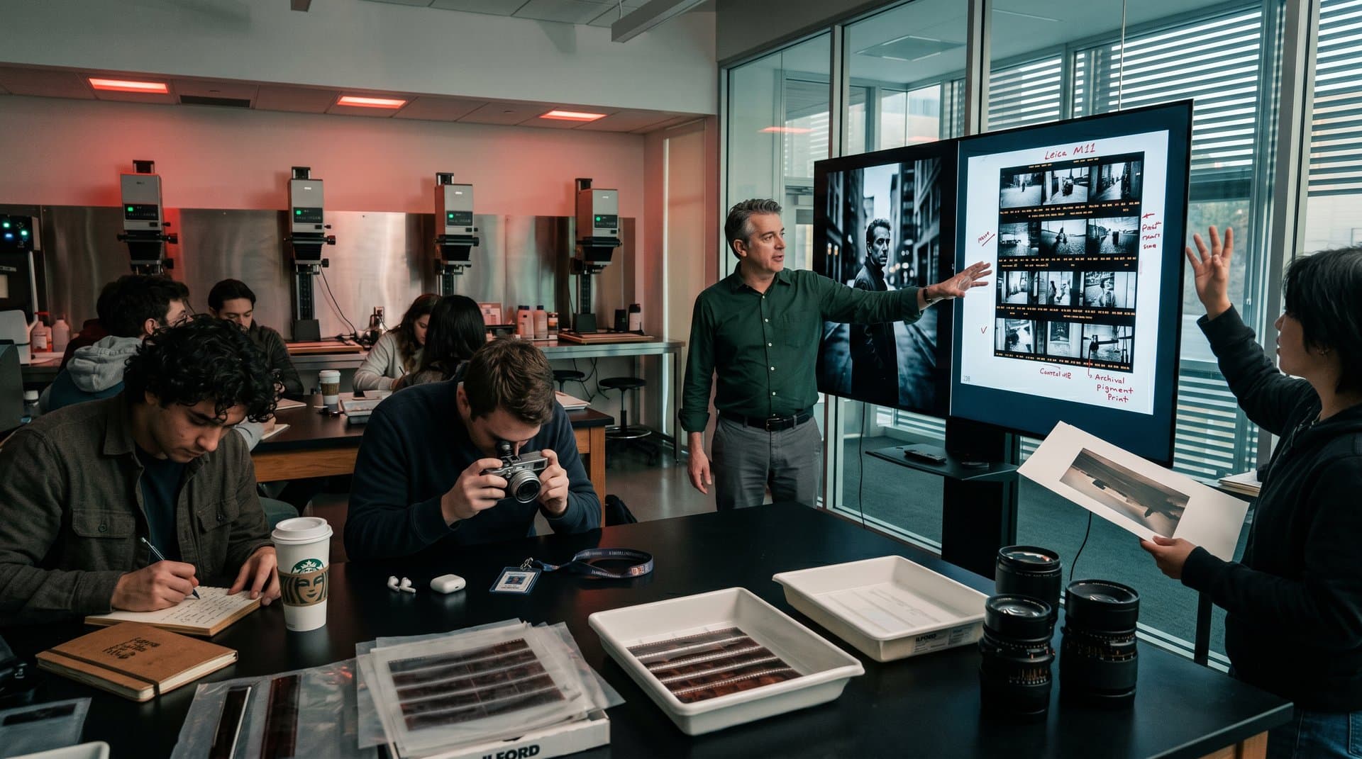 Classroom split-screen displays AI-generated image next to Leica contact sheets with cameras and darkroom tools