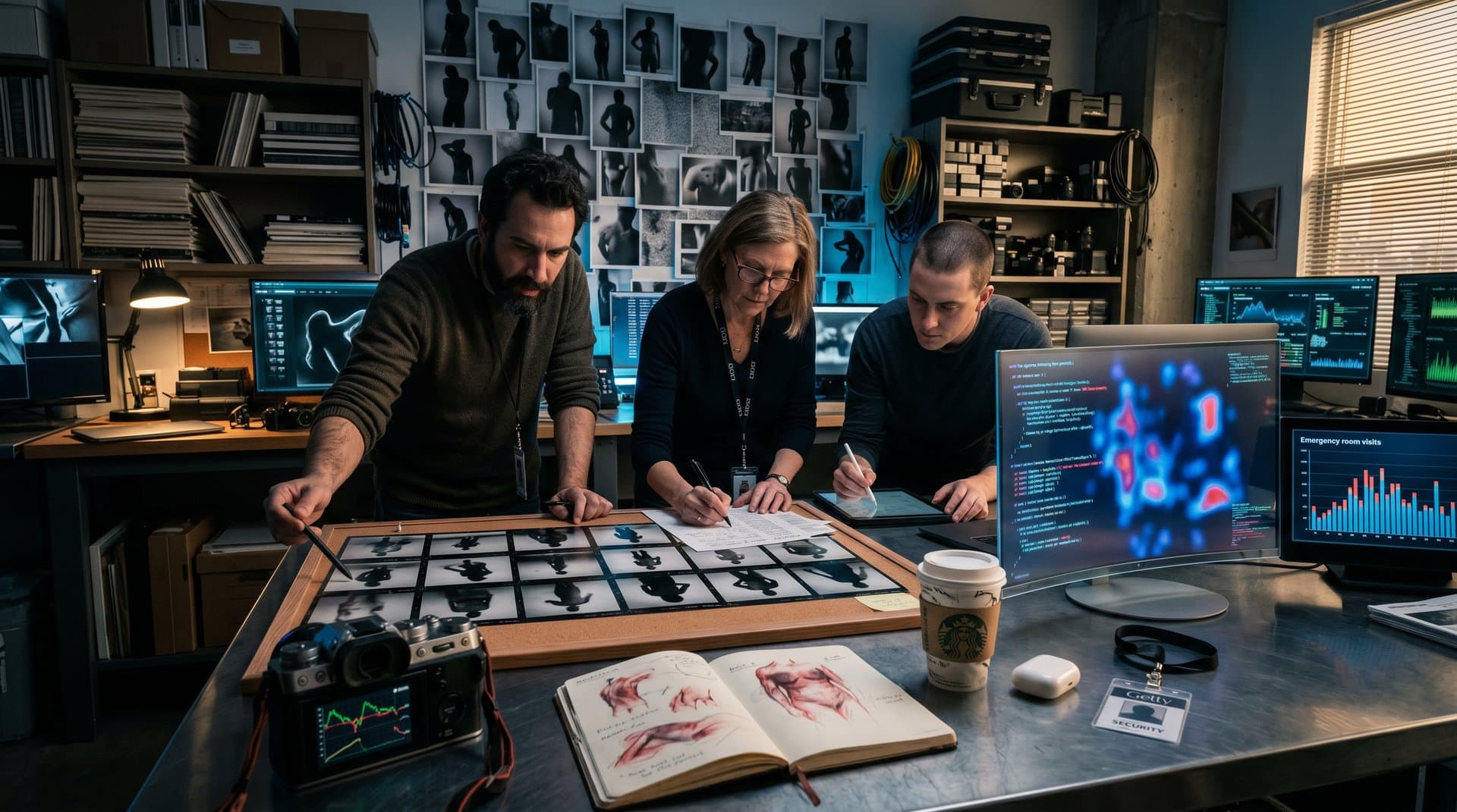 Darkroom contact sheet with AI risk heatmaps over IPV survivor silhouettes, Leica camera, and BTC charts in documentary style