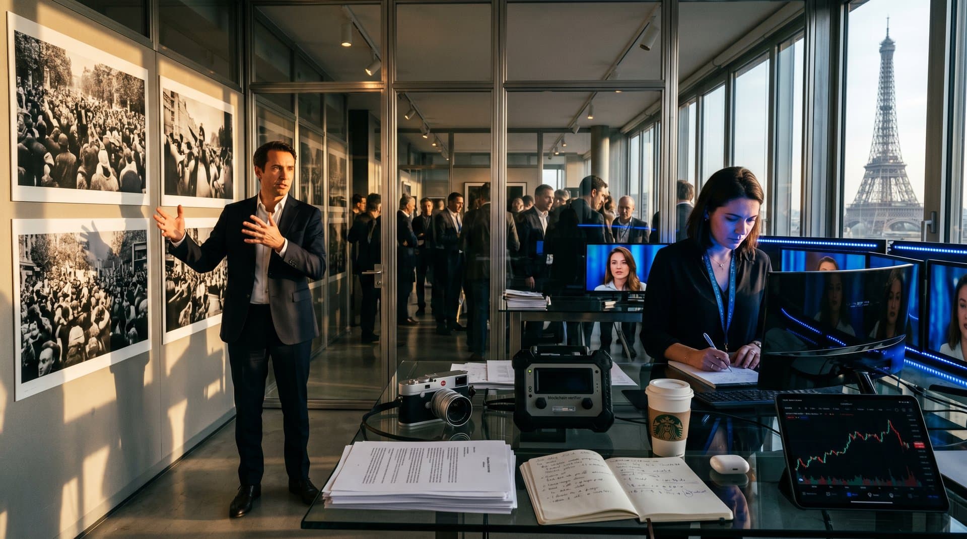 Gallery split-view: authentic political rally prints versus AI deepfake screens with blockchain devices and crypto charts