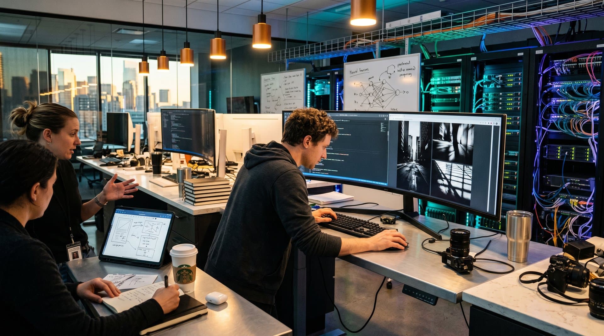 AI lab monitors display AGENTS.md code and generated visual art compositions in chiaroscuro style under modern lighting