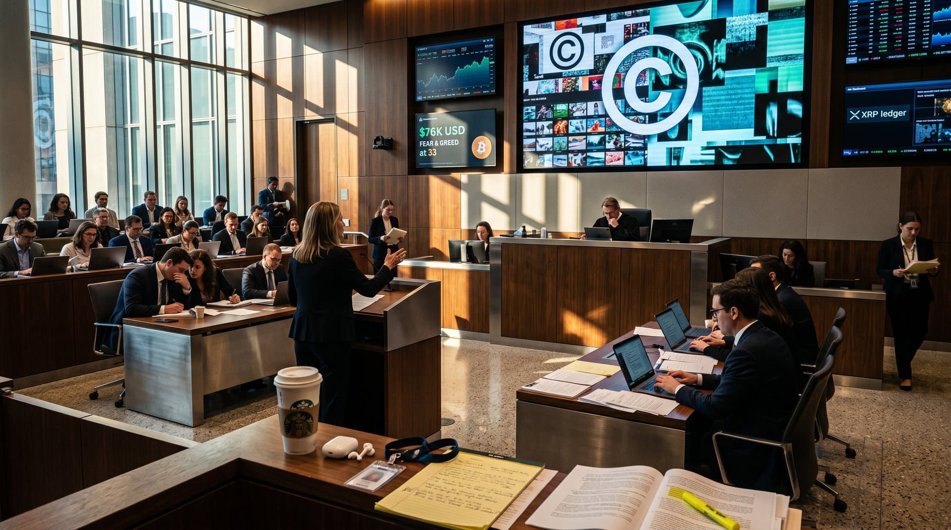 Abstract chiaroscuro courtroom sketch of OpenAI trial with AI visuals, copyright icons, and crypto charts