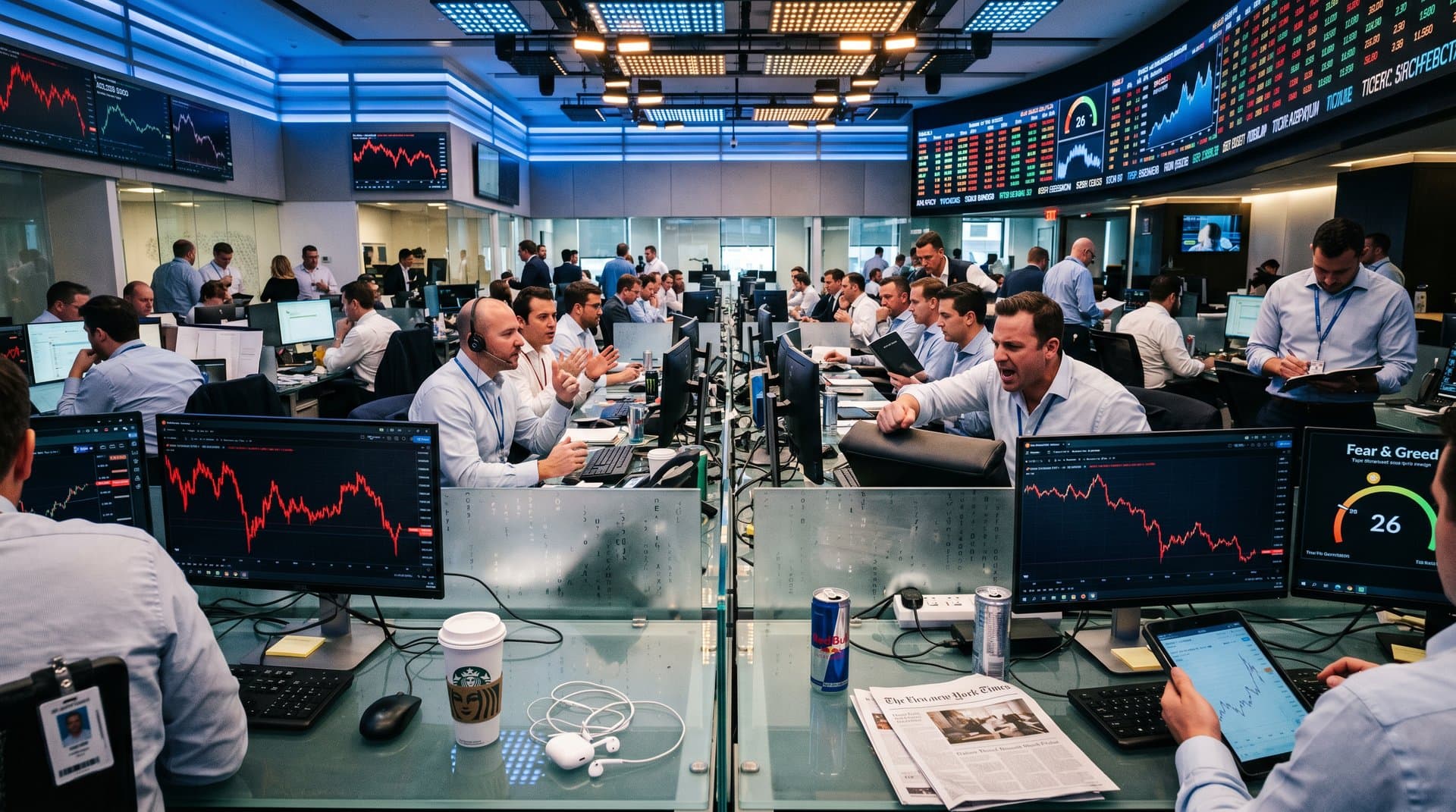 Trading floor terminals display Bitcoin at $76,322 amid red charts and Fear & Greed 26 on busy desks with market tickers
