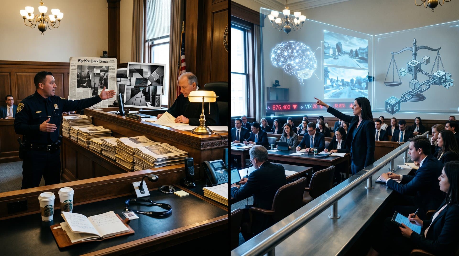 Courtroom split-view of NYT articles, AI art mimics, and BTC charts under justice scales