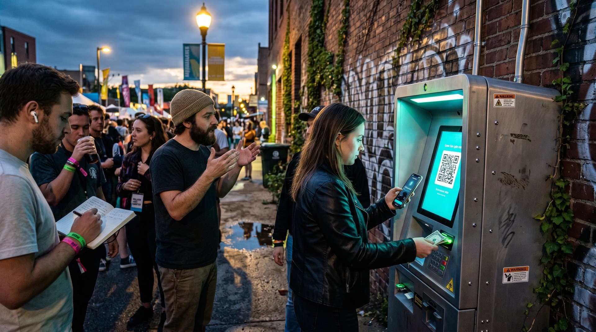 Neon crypto ATM kiosk in Minneapolis arts district under chiaroscuro lighting, street photography style documenting scam deceptions