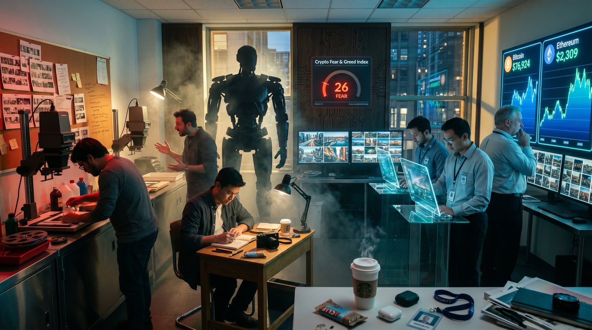 Split-image of dystopian AI robot in darkroom shadows versus utopian glossy AI photo generator with Fear & Greed gauge at 26