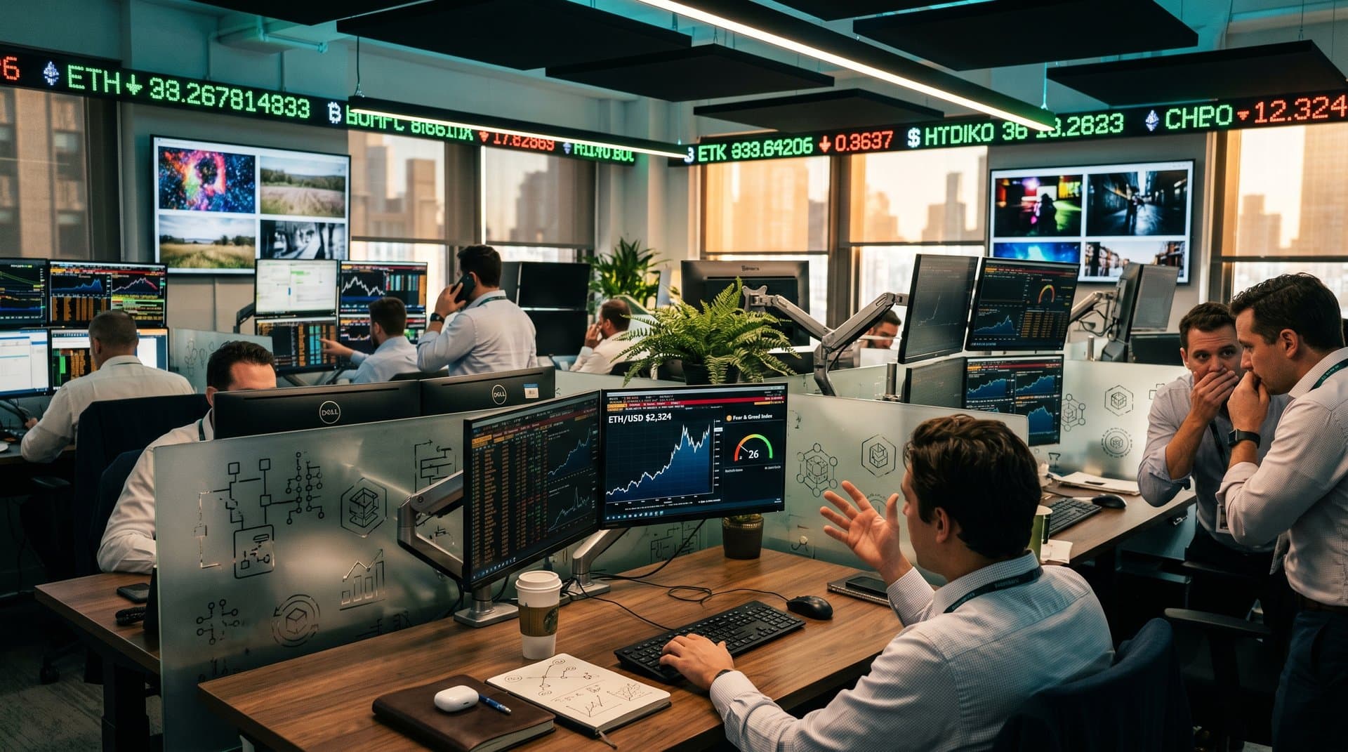 Traders at Bloomberg terminals monitor Ethereum price charts and photography NFT marketplaces on busy trading floor