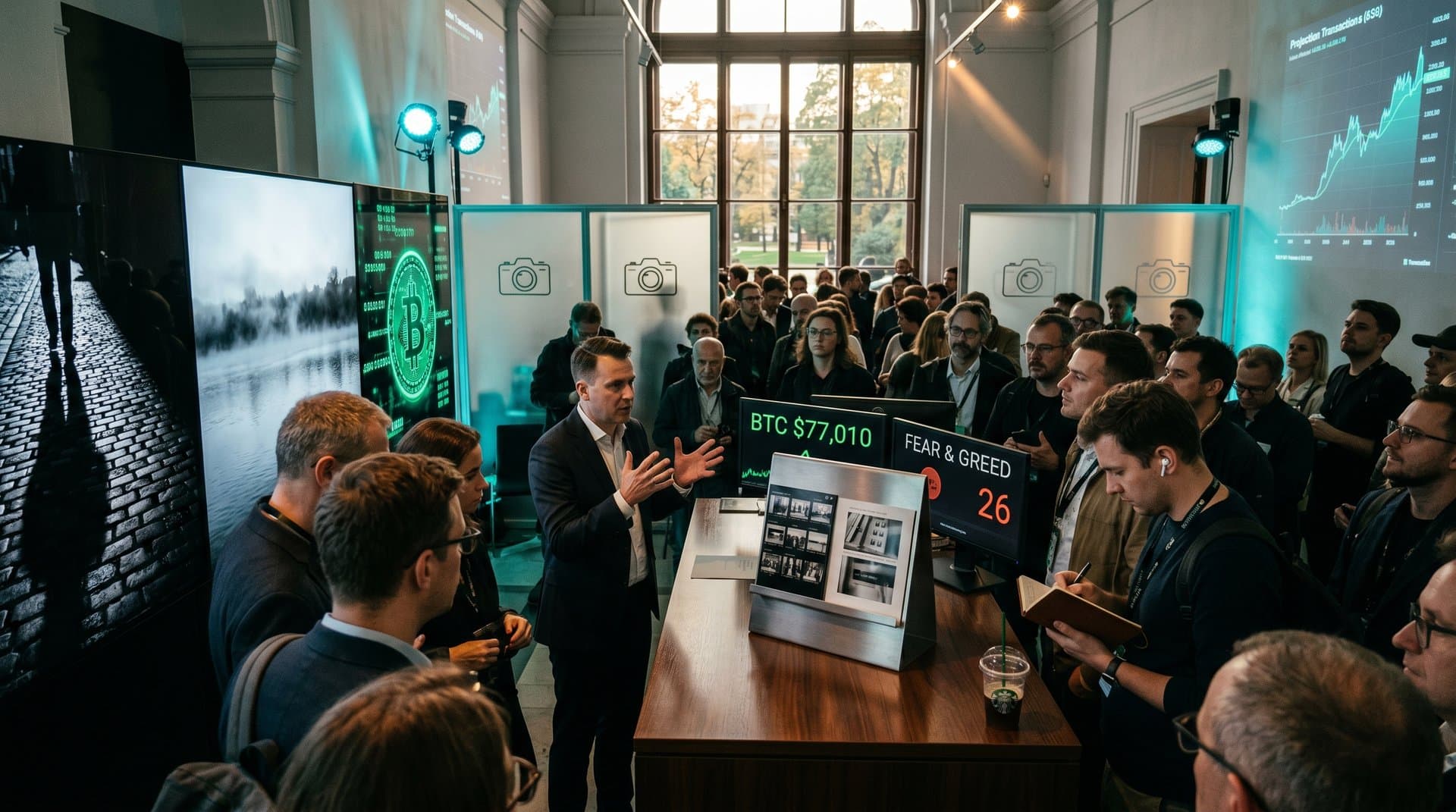 OLED screen displays NFT chiaroscuro photography at Zachęta Gallery amid Fujifilm prints and Ethereum dashboards