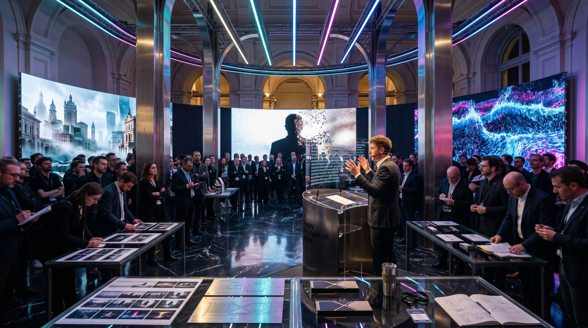 Turin exhibition hall projecting AI-generated short films with jury podium and tech displays in high-contrast lighting